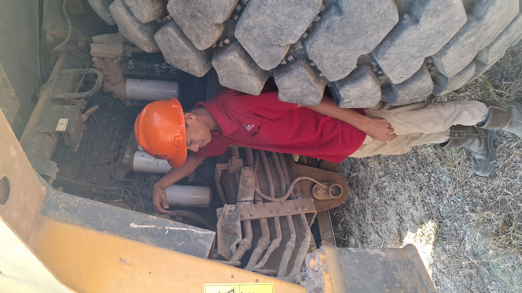 A young male wearing a red collared shirt, khaki pants, a hard hat, and work boots stands next to a large piece of heavy machinery. He is looking down and appears to be inspecting something near the machine's engine or hydraulic system. The machinery is yellow and black, with a massive tire visible on the right side of the frame. The ground is covered in gravel and dry vegetation. The scene suggests an outdoor industrial or construction setting.