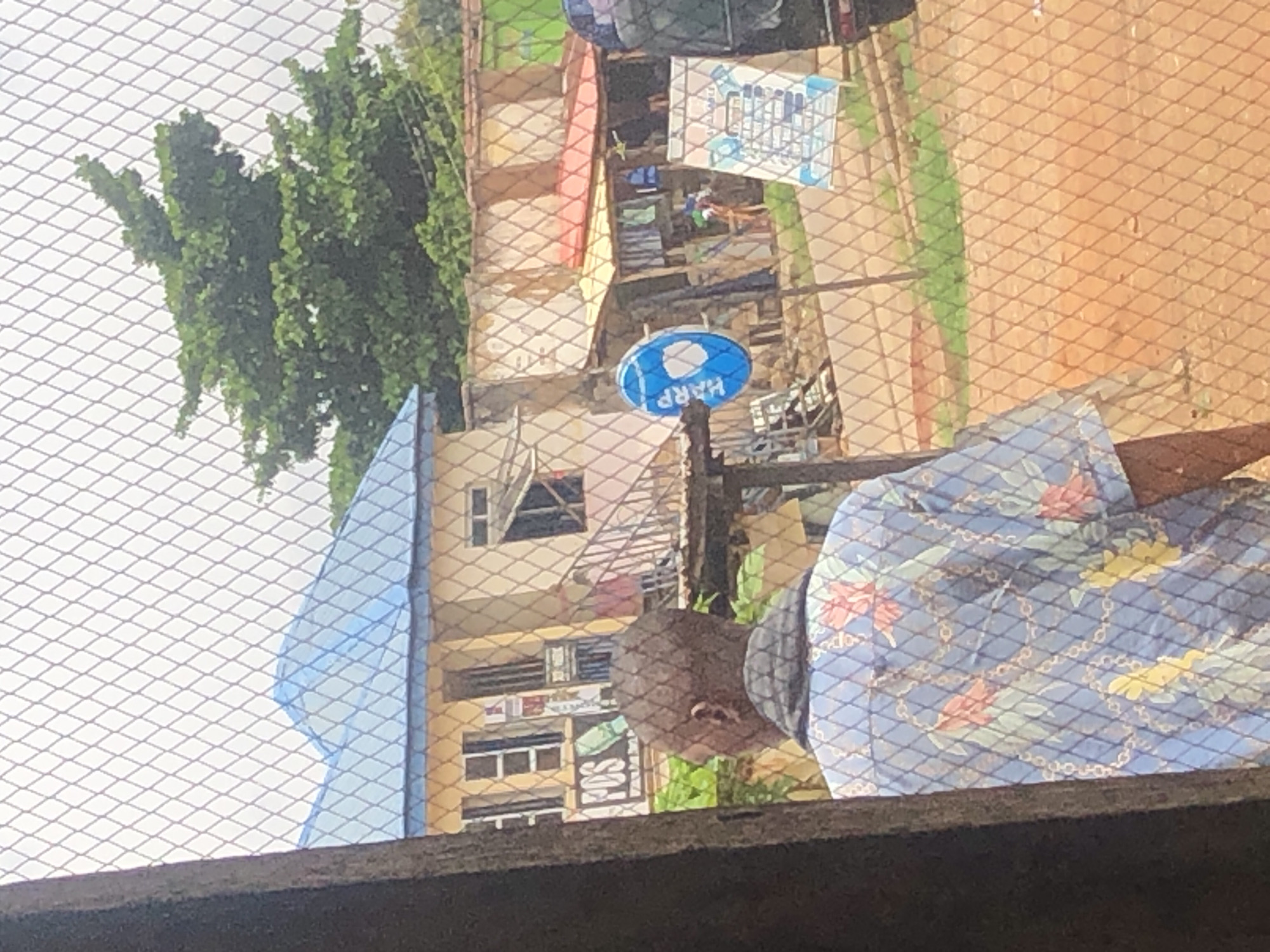 A man wearing a blue patterned shirt stands in the foreground, viewed from behind, looking away from the camera. Behind him, a building with a blue roof is visible, along with other structures, some appearing to be shops. There are signs on the buildings, one with "POS" clearly visible. A blue and white circular sign hangs on a pole. The scene is framed by a wire mesh fence. The ground is a reddish-brown dirt. Vegetation, including a large green tree, is present in the background. The sky is overcast.