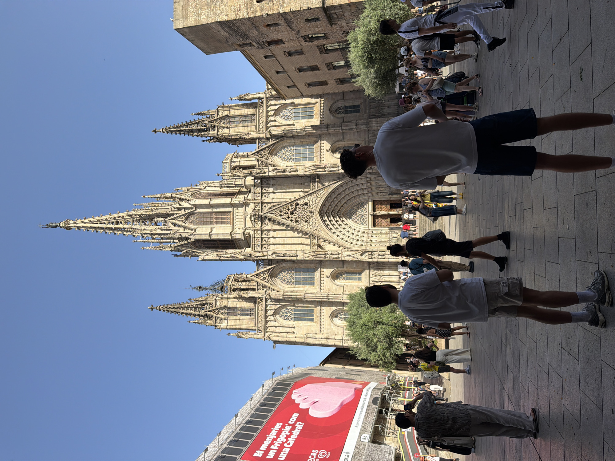 The image shows a wide-angle view of the Barcelona Cathedral (Catedral de Barcelona) in Barcelona, Spain. The Gothic cathedral's facade, with its intricate spires and rose window, is the central focus, bathed in sunlight under a clear blue sky.
In the foreground, several people are visible, with the backs of two young men turned towards the camera. One is wearing a white t-shirt and beige cargo shorts, standing on the paved plaza. The other is wearing a black t-shirt and black shorts. Further left, a man in a striped shirt and light-colored pants is taking a photo with his phone.
To the left of the cathedral, a large red billboard with white text and an image of a pink heart-shaped object is displayed on a scaffolding-covered building. The billboard appears to be an advertisement.
The plaza is paved with large stone tiles. Several other individuals and small groups of tourists are scattered throughout the scene, some walking, some standing and observing the architecture, suggesting a busy tourist area. Trees are sparsely planted in the plaza. On the right side of the frame, a section of a tan-colored building with windows and balconies is visible. The overall atmosphere is that of a sunny day in a historical European city square.