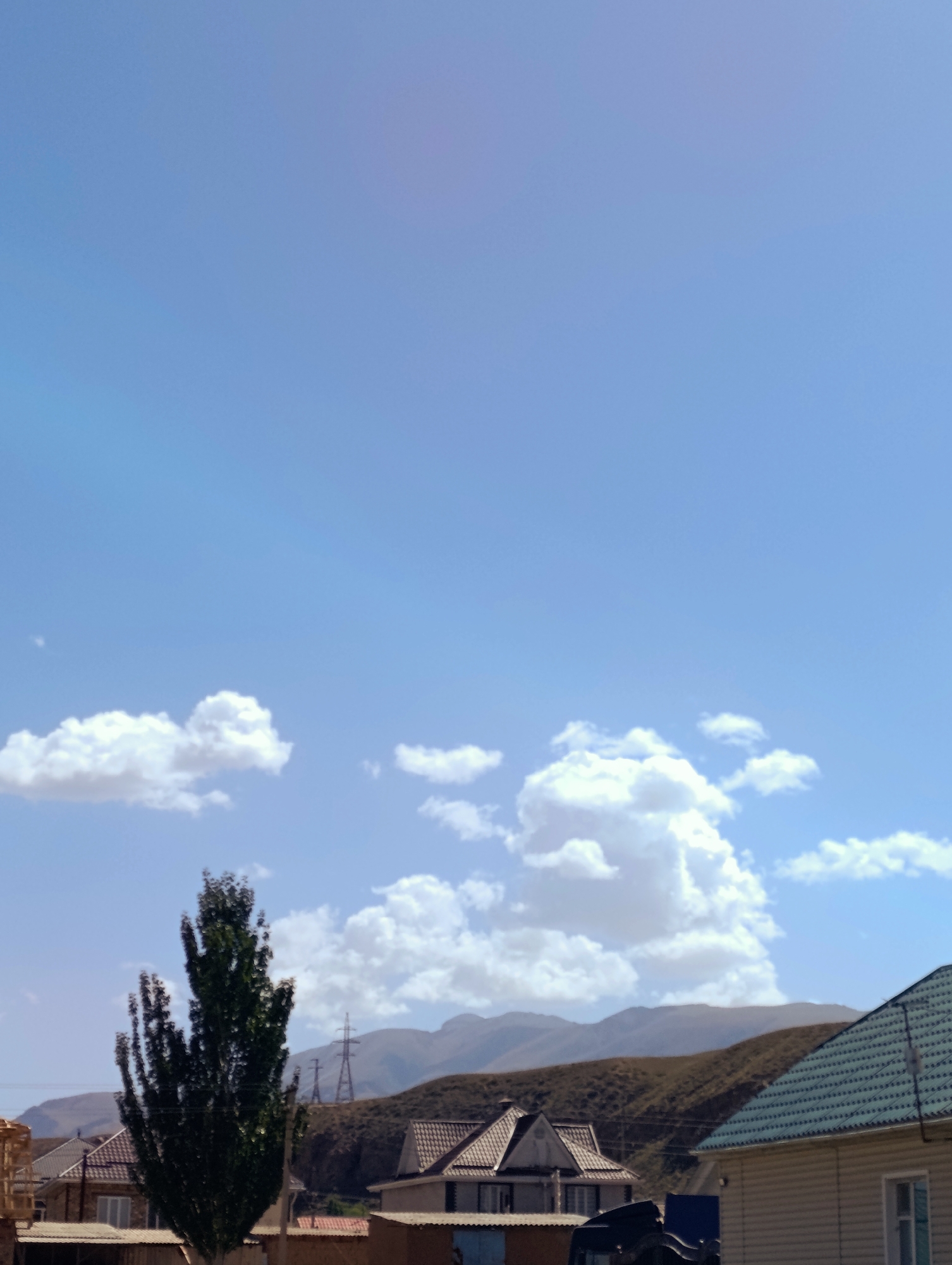 This is a daytime, outdoor photograph of a scene in Naryn City, Kyrgyzstan. The sky is a clear blue with scattered white, puffy cumulus clouds. In the foreground, a tall, slender deciduous tree with dark green foliage stands prominently. Behind the tree, several houses with tiled roofs are visible. The houses appear to be single-story or two-story residential buildings. In the middle ground, rolling, brown, and green hills form a backdrop, and two tall electrical pylons are present on one of the hills. The overall impression is of a rural or suburban environment on a bright, sunny day.