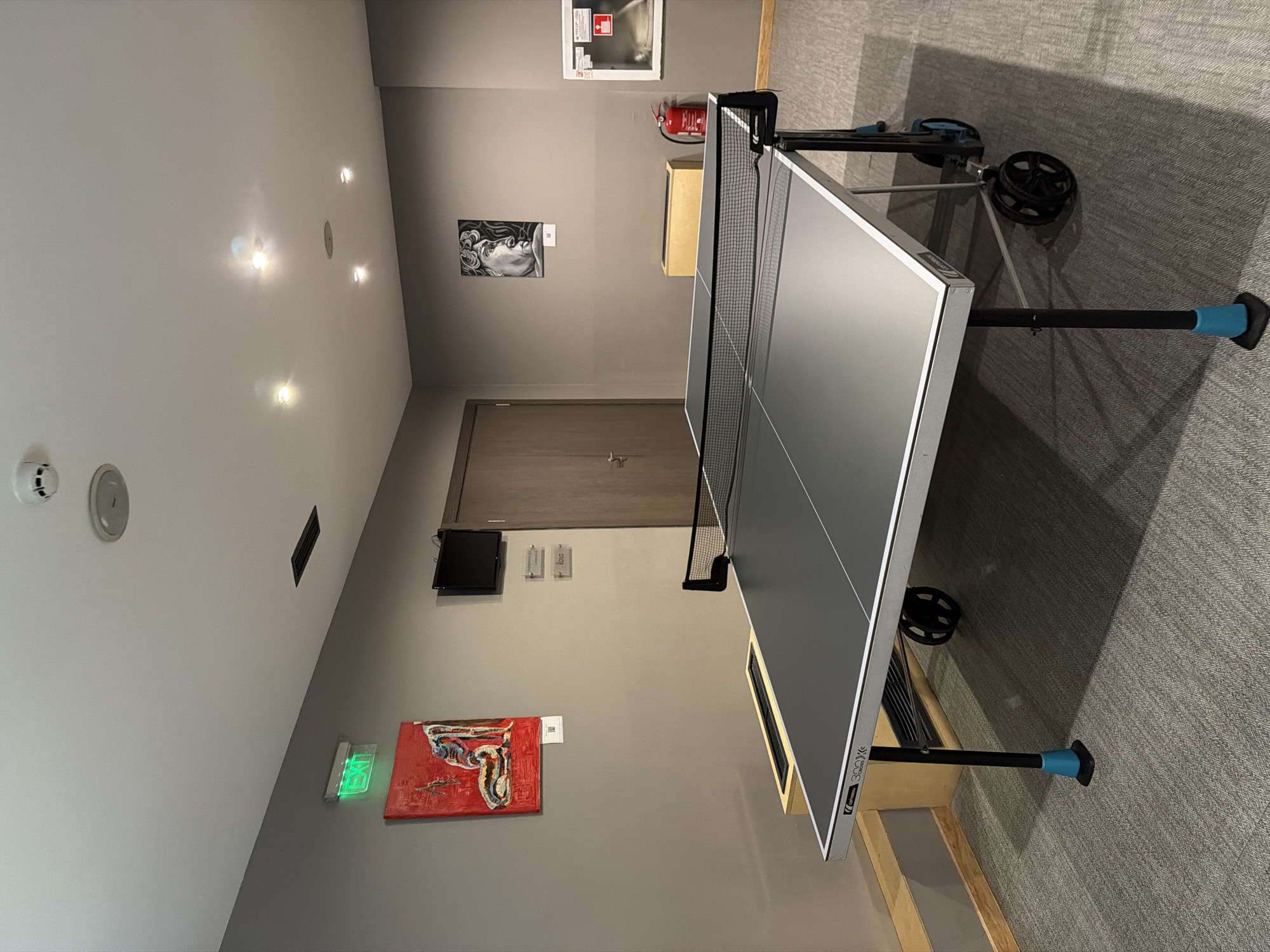 The image shows an indoor space with a ping pong table dominating the scene. The room has gray walls and a gray carpet. There are art pieces on the wall, a door in the center, and lighting fixtures on the ceiling. There is a fire extinguisher, an exit sign, and other wall-mounted objects. No people are visible. The location and city are not discernible from the image.