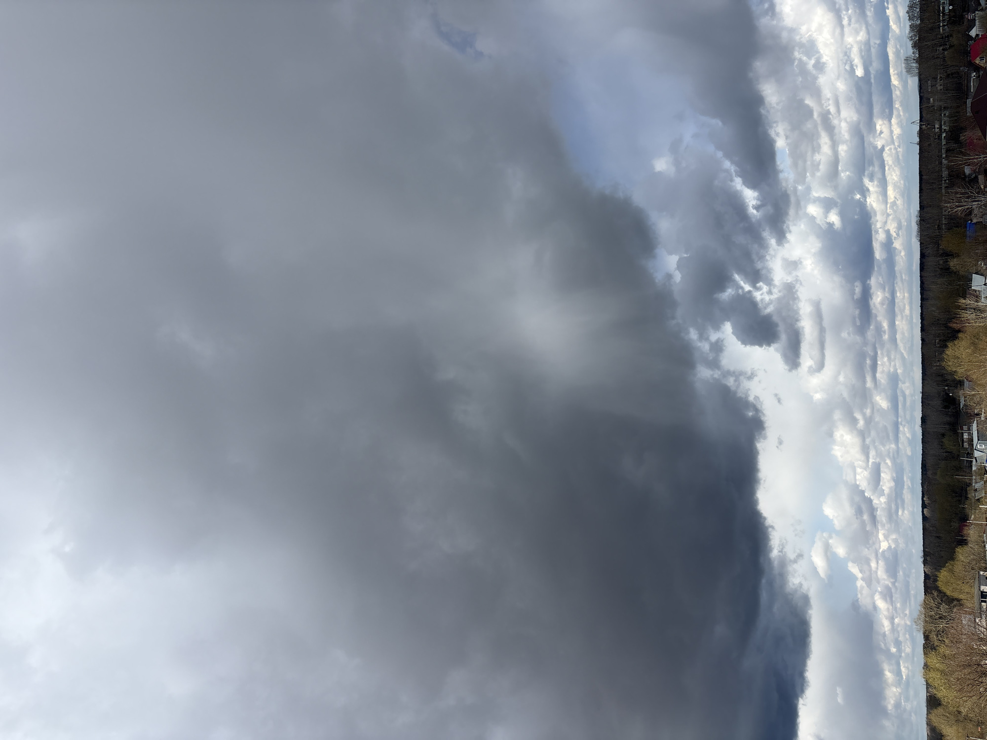 The image captures a dramatic and dynamic sky over a landscape in Chaikovsky, Russia. The scene is dominated by a striking contrast between heavy, dark clouds on the left and brighter, more scattered cloud formations on the right.
The left side of the frame is almost entirely filled with a dense, dark grey cloud bank, suggesting an impending storm or a recent weather system moving across the area. Light rays can be faintly seen breaking through parts of this dark cloud, indicating a light source behind it.
Towards the right, the sky transitions to lighter, more textured cumulus clouds, revealing patches of blue sky. Bright sunlight pierces through these clouds, creating visible crepuscular rays that stretch downwards, illuminating parts of the cloudscape. The overall impression is one of rapidly changing weather.
At the very bottom of the frame, a thin strip of land forms the horizon. This shows a dark, dense tree line, likely a forest, with some scattered residential buildings visible through or above the trees. The trees appear to be deciduous and mostly bare, suggesting late winter or early spring. The roofs of the houses are dark, possibly red or brown.
The time of day appears to be daytime, likely mid-to-late afternoon, given the angle of the light and the dramatic cloud illumination. No specific activity involving people is depicted, and there is no visible text. The overall atmosphere is one of natural grandeur and the powerful forces of weather.