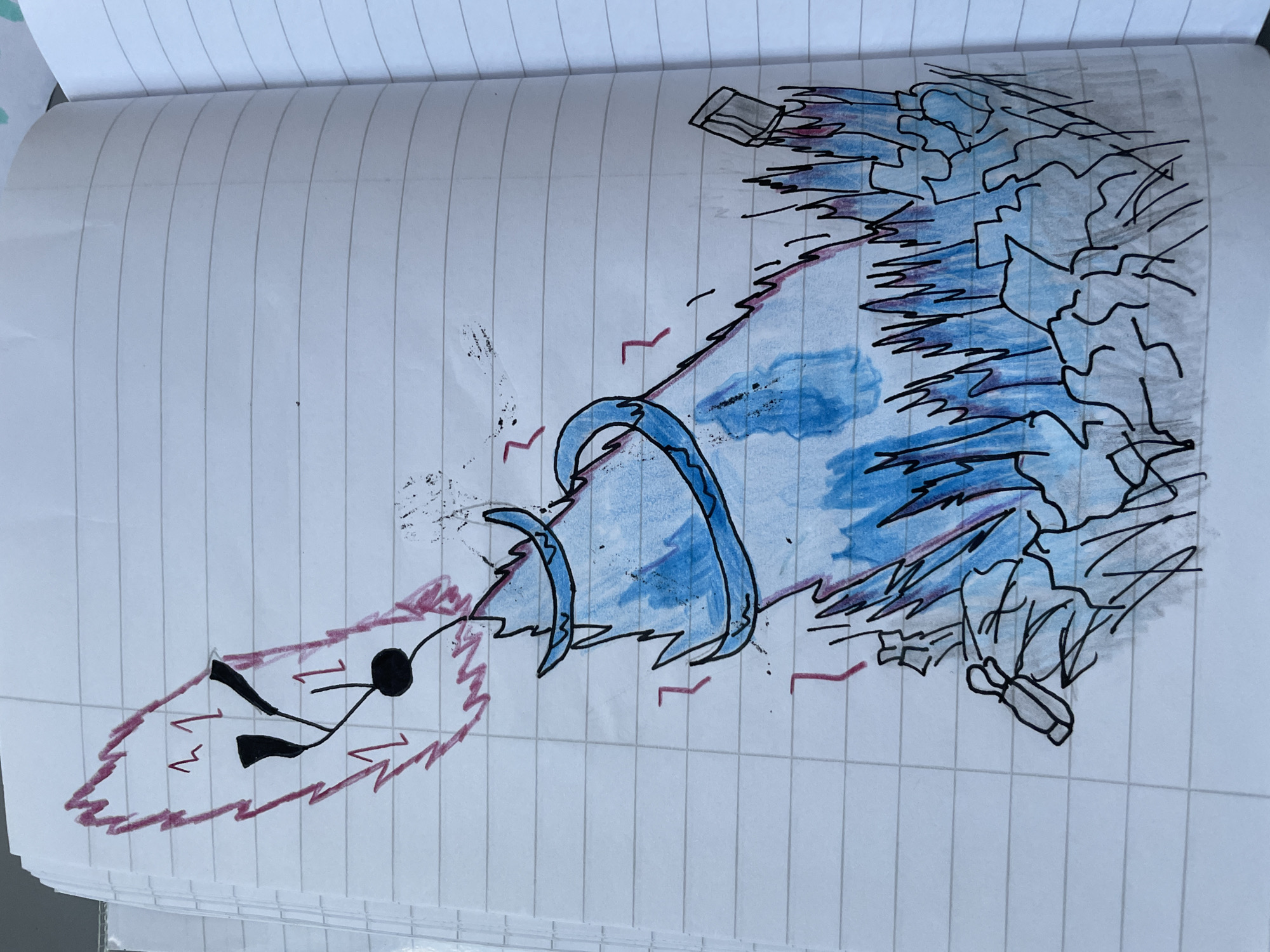This image displays a dynamic drawing sketched on lined notebook paper. The composition is oriented vertically, with the paper lines running horizontally.
The central figures are a stick figure, a large conical object, and a fragmented, crystalline structure. On the left, a simplified black stick figure is depicted in motion, surrounded by a jagged, reddish-purple aura or energy field. This aura contains small angular symbols, resembling chevrons or "greater than/less than" signs, along with wavy lines, emphasizing movement or power. The stick figure has a round head, stick arms, and black, somewhat triangular lower legs or feet.
In the center, a prominent, elongated conical object is rendered, primarily in blue with black outlines and subtle reddish-purple highlights. It features distinct, swirling bands or rings around its body, suggesting a drill-like or spiraling nature. This object appears to be either emanating from or impacting the fragmented structure on the right.
The right side of the drawing is dominated by a large, complex form resembling shattered ice or rock. This structure is characterized by numerous sharp, angular edges and jagged segments, colored in shades of blue and greyish-black, conveying a sense of fragmentation and force. Smaller, detached pieces are also visible, further enhancing the impression of impact or breakage.
The drawing evokes a sense of action and energy, possibly illustrating a powerful attack, a release of energy, or a destructive event. The style is reminiscent of a casual sketch, utilizing basic shapes and outlines to create a dramatic scene. There is no visible text in the drawing itself.