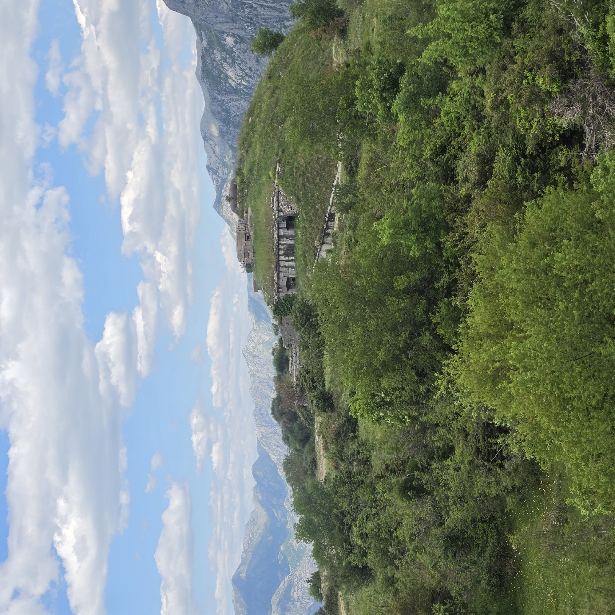 The image shows a partly cloudy sky, mountains, and a tree-covered hillside, along with what appear to be the ruins of a stone fort or structure. The location is Čavori, Montenegro, based on the landscape and architecture.