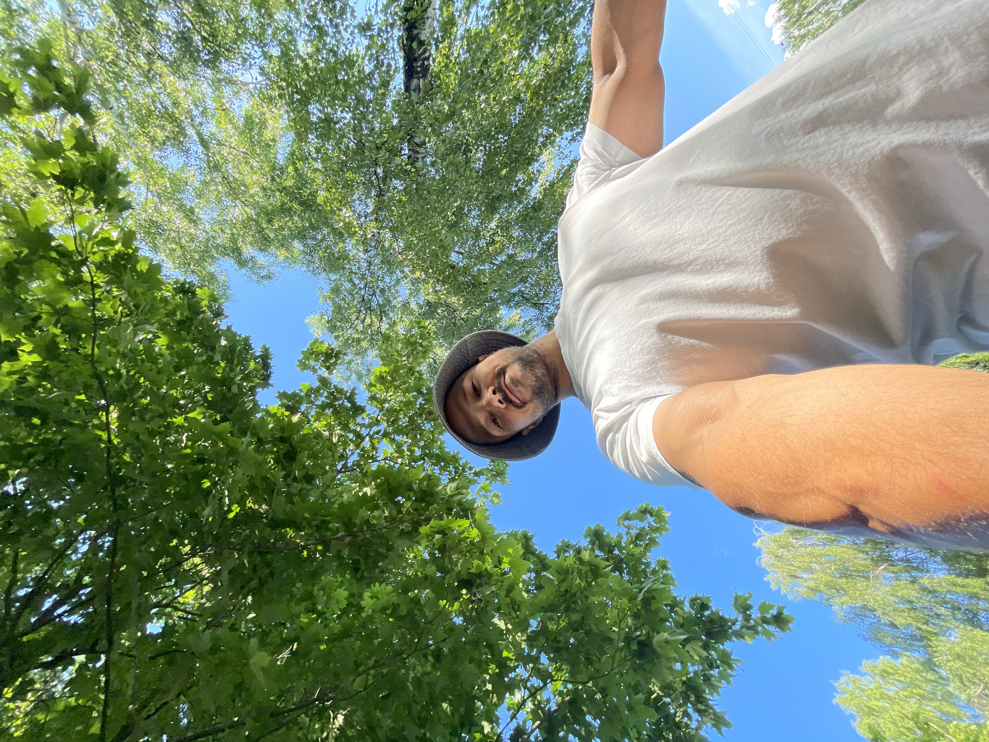 A low-angle, medium shot captures a man wearing a white t-shirt and a grey bucket hat, looking up at the camera from beneath the canopy of lush green trees. The sky is a clear, vibrant blue. The man's arm is extended towards the camera, and his face is partially obscured by the brim of his hat. Sunlight filters through the leaves, creating dappled patterns on his clothing and skin. The background is a blur of green foliage and blue sky, with hints of other trees visible in the distance.