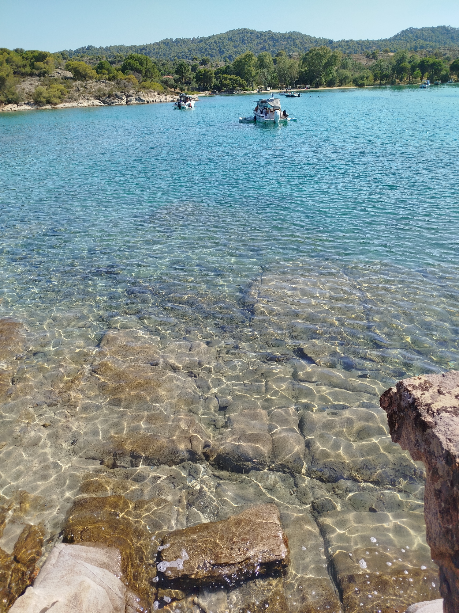 The image shows a clear, turquoise bay in Sithonia Municipal Unit, Greece. The foreground is dominated by shallow water with visible rocks and the seabed, illuminated by sunlight that creates a shimmering effect on the water's surface. In the mid-ground, several boats are anchored or moving slowly in the bay. The background features a lush, green, tree-covered hillside rising from the coastline. The sky is clear and blue, indicating a sunny day.