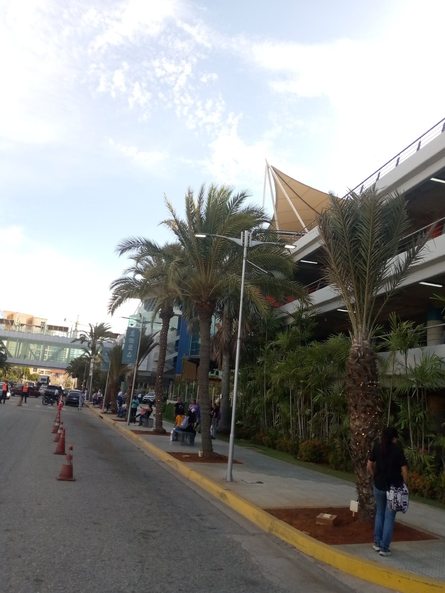 The image depicts an urban street scene in Porlamar, Venezuela, lined with palm trees and adjacent to a multi-story parking structure. Along the sidewalk, several people are seated on benches. Traffic cones are positioned on the left side of the street, indicating a designated area. A woman in a black shirt and jeans is walking on the sidewalk to the right of the image. Various vehicles, including cars and a motorcycle, are visible on the street. A pedestrian bridge connects buildings in the background. The sky is partly cloudy.