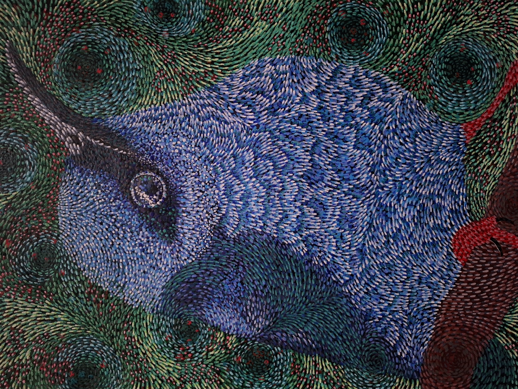 The image is a pointillist-style painting or artwork depicting the head and upper body of a bluebird, possibly a mountain bluebird, rendered in shades of blue, gray, and white. The bird is positioned facing left. The bird's eye is visible, along with its beak. The background is composed of swirling patterns of green, yellow, and red dots. There are dark, swirling elements in the background that give the impression of bushes or foliage. The artwork overall is abstract. I am unable to confirm the image is in Khlevnoye, Russia, based on the information provided.