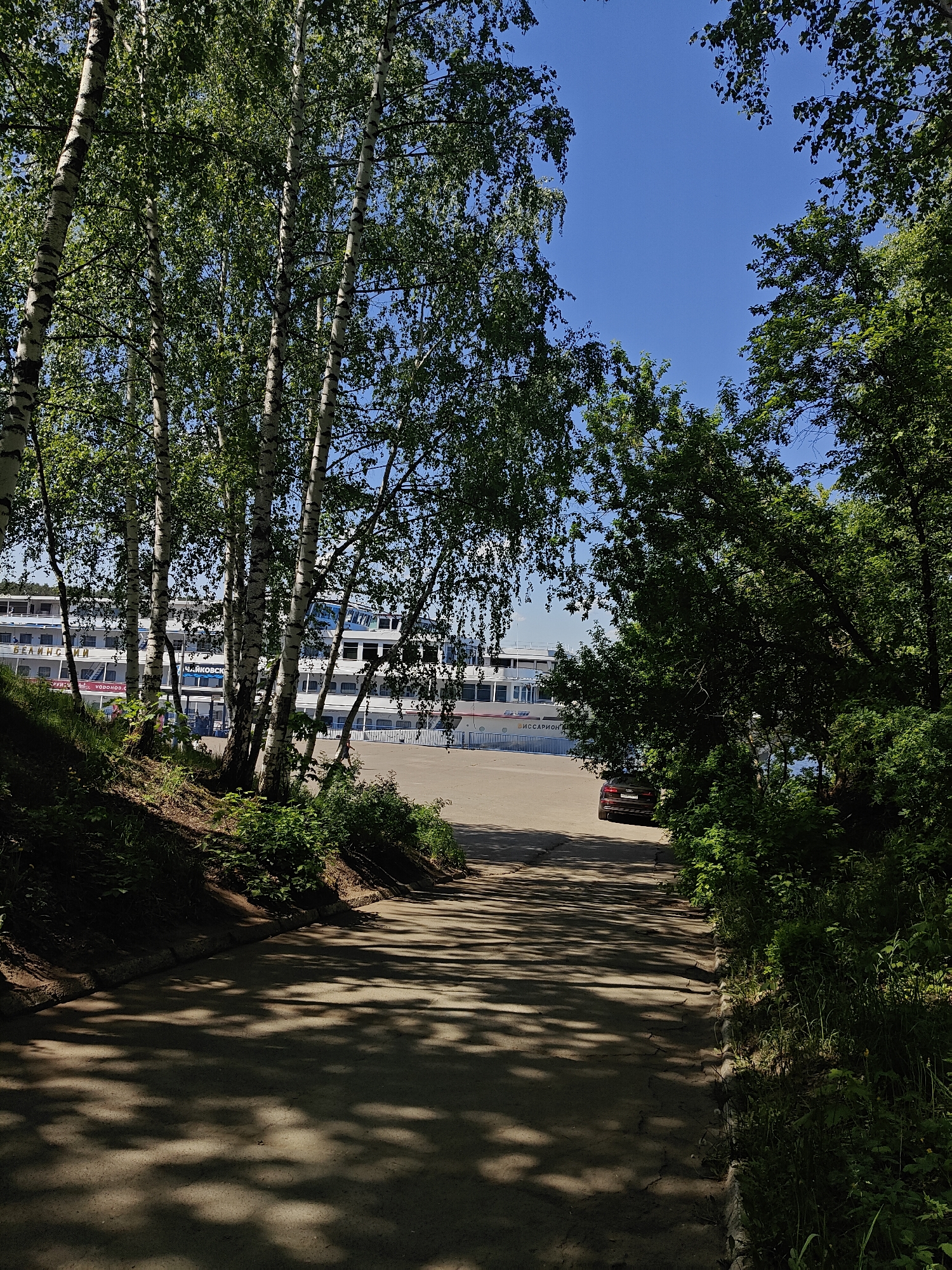The image depicts a scene in Chaikovsky, Russia. A paved pathway leads downhill towards a large multi-deck river cruise ship docked along a waterfront. The ship's white exterior is partially obscured by a cluster of birch trees on the left side of the path. A maroon car is parked on the paved area near the ship. The pathway is shaded by the trees, creating dappled light patterns on the ground. The right side of the path is bordered by dense greenery and trees, while the left side is a sloped embankment covered in vegetation. The sky is visible through the trees and is a clear blue.