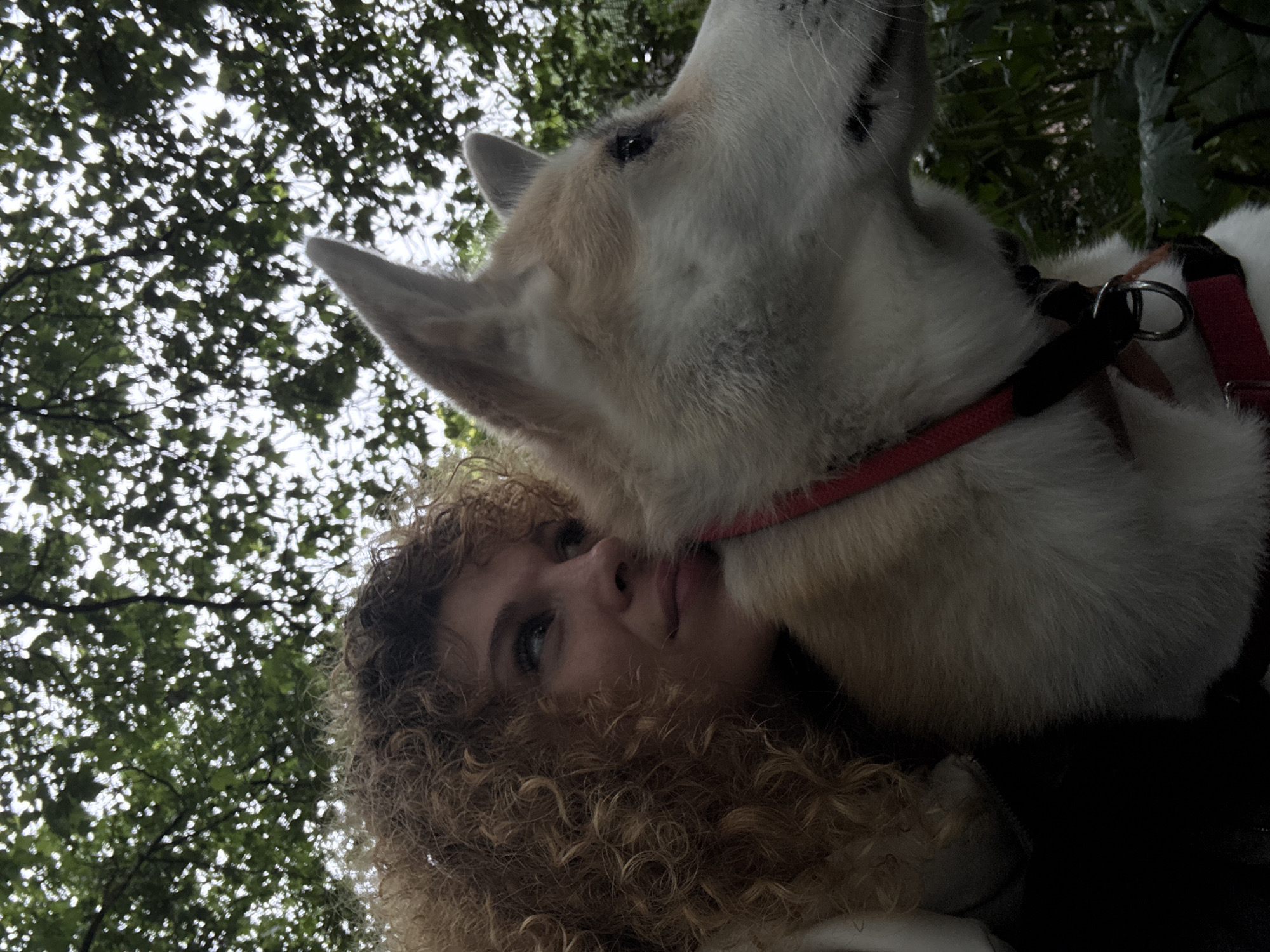 A medium shot taken outdoors shows a woman with curly blonde hair looking to her right, her head resting against the side of a dog. The dog, which appears to be an Akita or similar breed, is facing to the right with its head slightly tilted upwards. The dog wears a red collar. The background consists of green foliage and tree branches against an overcast sky. The image was taken in London, United Kingdom.