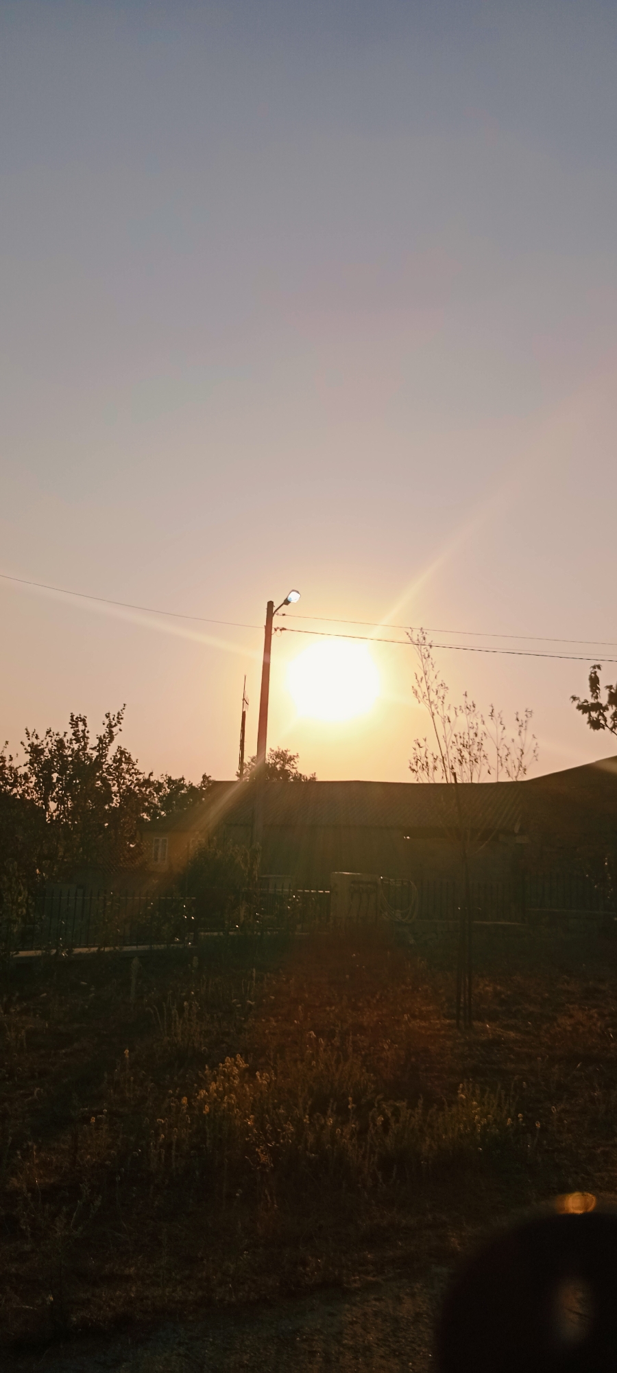 The image depicts a rural scene at sunset in Adai, Spain. The sun, a bright, glowing orb, is positioned in the center-right of the frame, casting a warm, orange light across the sky and landscape. A tall, slender utility pole with a streetlamp stands to the left of the sun, and power lines stretch horizontally across the upper portion of the image.
In the middle ground, there is a fence, beyond which a building with a dark, sloped roof is visible. The building appears to be a house or barn. To the left of the building, a cluster of leafy trees forms a dark silhouette against the bright sky. A thin, bare-branched tree is situated in the foreground, slightly to the right of center.
The foreground is dominated by dark, shadowy ground covered in dry grass and weeds, with hints of yellow wildflowers scattered throughout. The overall atmosphere is serene and tranquil, characteristic of a rural sunset. No people are present in the image. The scene is captured with a slight lens flare, indicating the direct light of the sun.