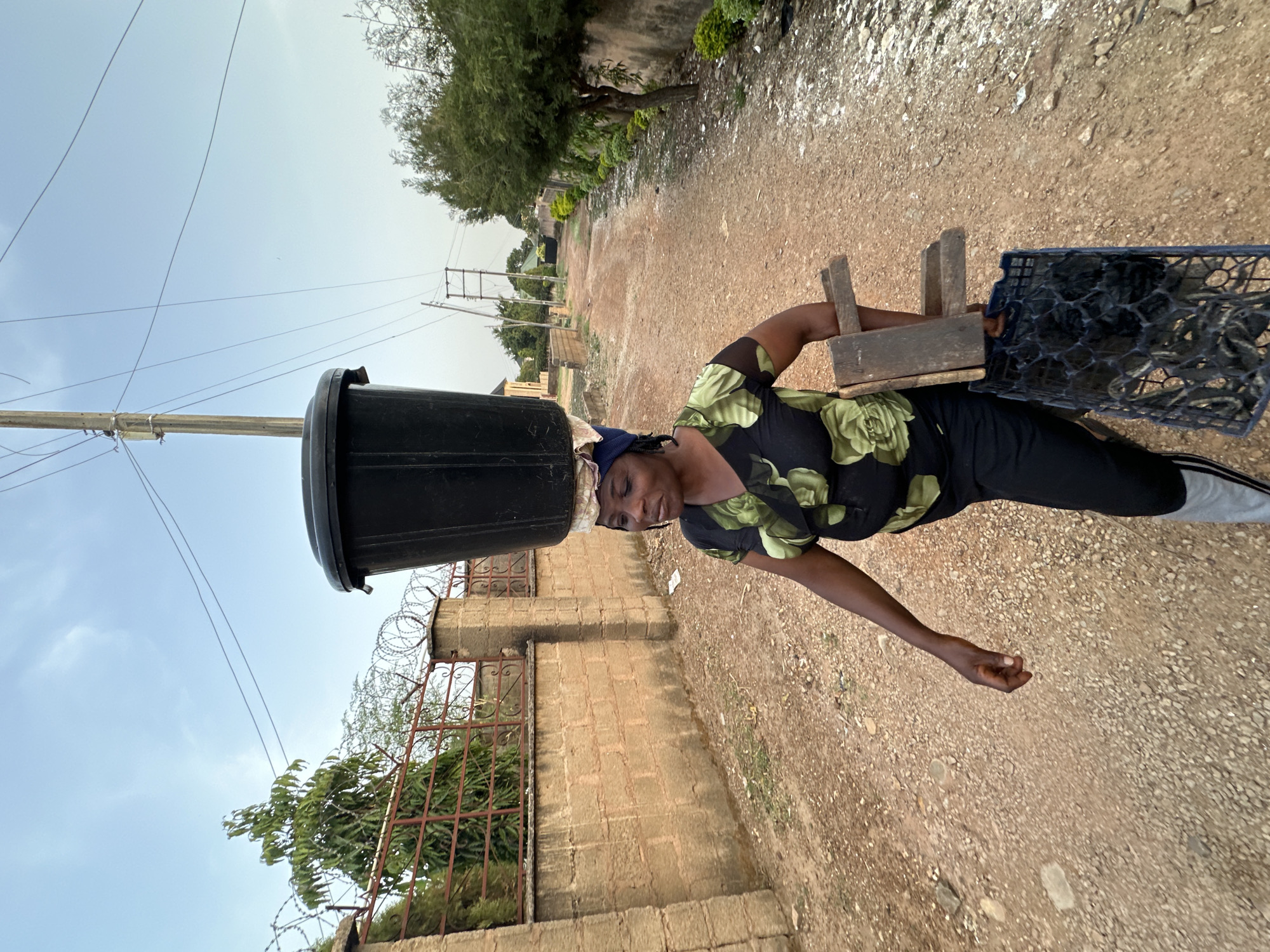 A person, likely a woman, is depicted carrying a large, black plastic container on her head. She wears a dark short-sleeved top with a green floral pattern, dark trousers with a white stripe, and a blue and white headwrap. Her right hand holds a small wooden stool that supports a blue plastic crate, possibly containing dark items or produce.
The scene is an outdoor, semi-urban or rural setting with a dirt road covered in small stones and pebbles. The road extends into the background, where more greenery and distant buildings are visible. To the left, a light-colored brick wall topped with barbed wire fencing is present. A utility pole with power lines runs vertically on the left side of the image against a light blue, clear sky.
The activity shows the person skillfully balancing the heavy container on her head, a common method of carrying goods. The bright, diffused daylight suggests it is daytime. The environment features simple architecture, visible utility infrastructure, and a natural, unpaved road, consistent with the provided location context of Bukuru, Nigeria. No visible text is present in the image.