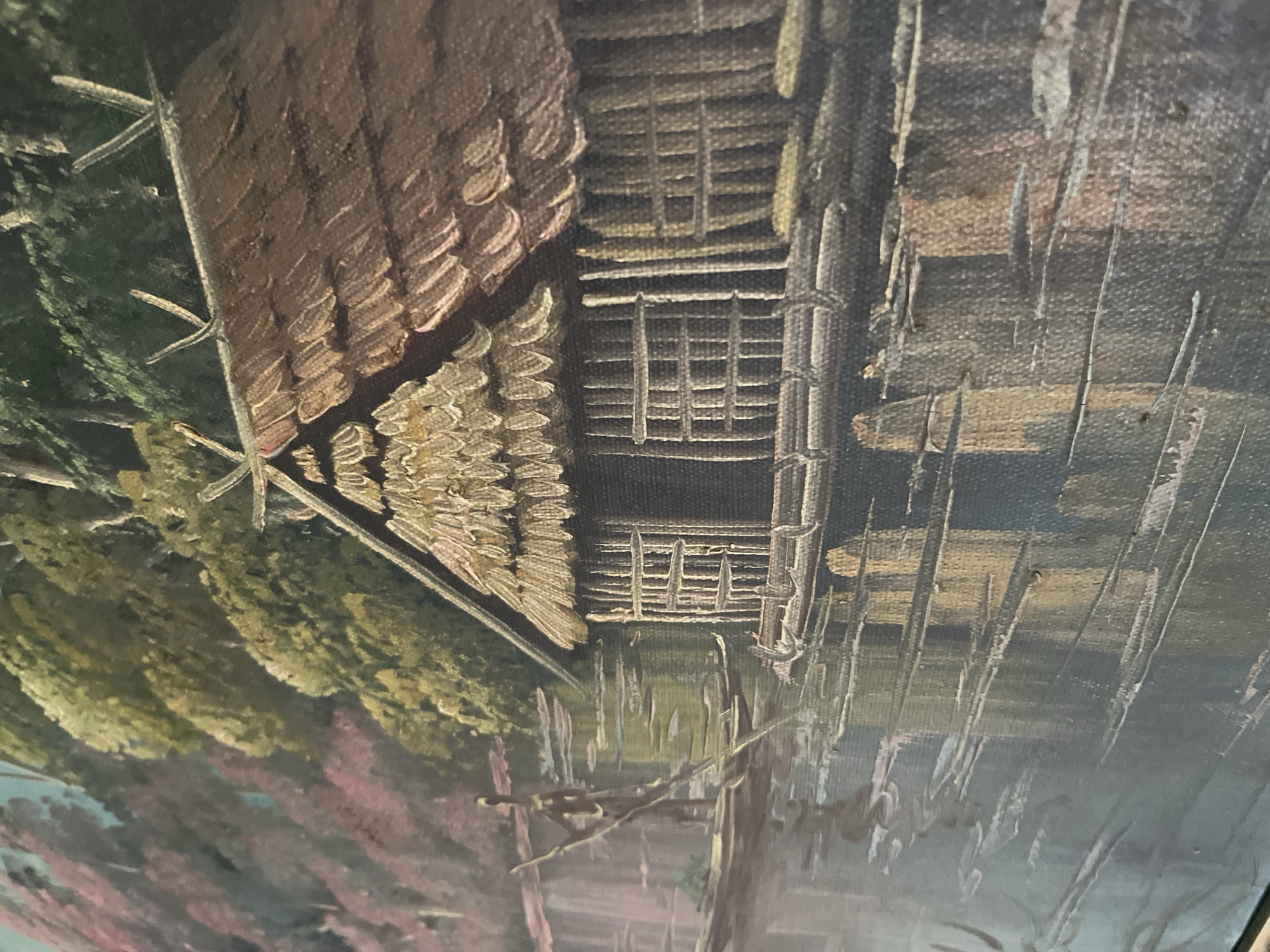 The image appears to be an oil painting of a traditional thatched-roof structure, likely a rural house or shelter, situated in a watery or swampy environment. The structure is viewed from an angle, revealing a section of the roof with heavy, textured brushstrokes suggesting thatched material. There's a window-like feature with a grid pattern.
The surroundings are indistinct, with green and pinkish hues suggesting foliage or perhaps a reflection of sunset colors in the water. Vertical strokes give the impression of reeds or wooden posts standing in the water.
Based on the prompt requesting the location in Tinaquillo, Venezuela, this could potentially represent a dwelling near a body of water within the rural areas surrounding the city. Without further information, it is impossible to confirm the exact subject or place.