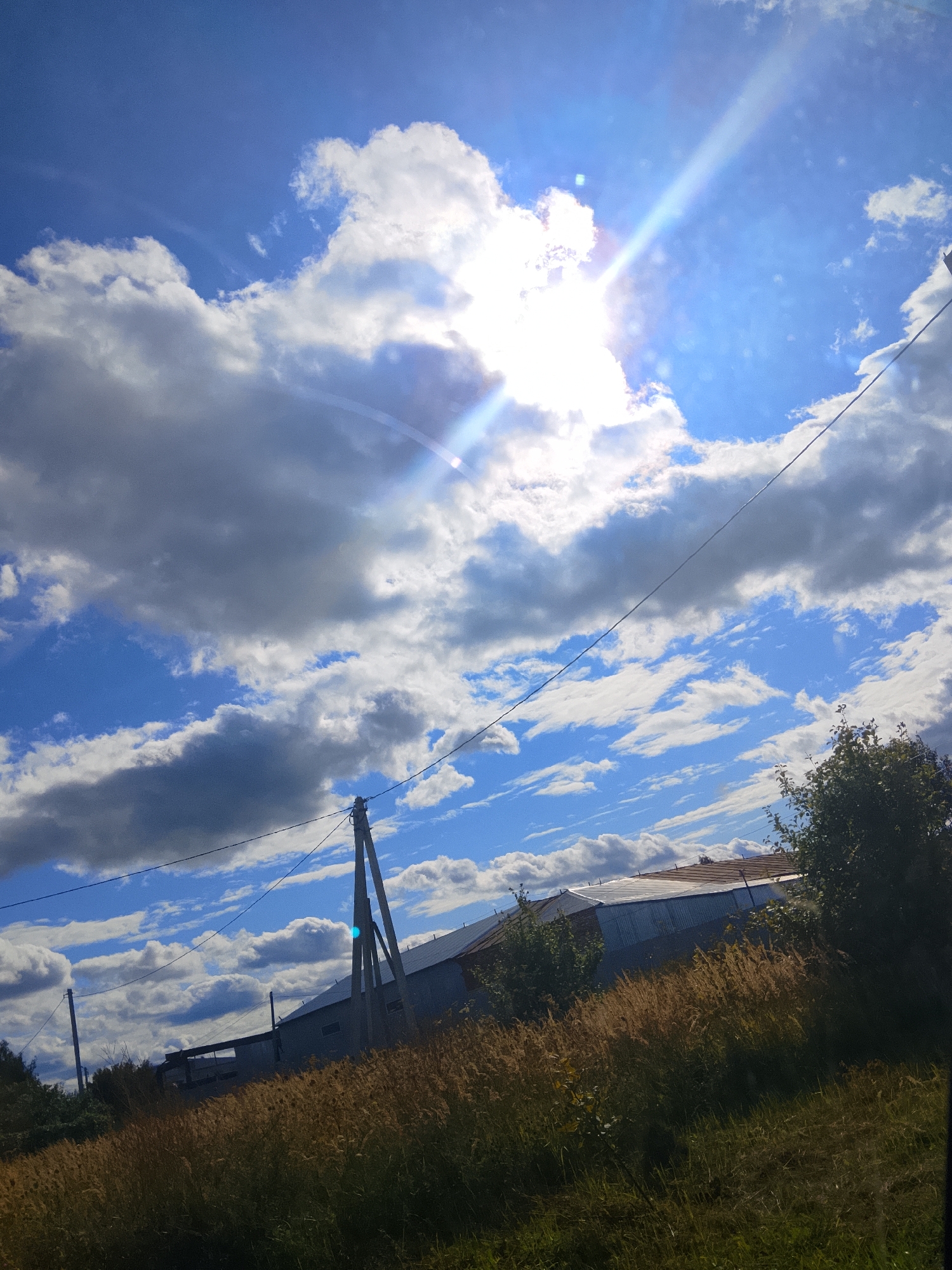 The image depicts a bright, sunny day in Verkhopol'e, Russia, with a clear blue sky partially obscured by fluffy white and gray clouds. The sun is a prominent feature, casting a bright glare and lens flare across the upper portion of the frame. In the middle ground, a long, low-rise building with a corrugated metal roof is visible. A power pole with wires stretches across the frame, with another pole visible in the distance. The foreground is dominated by dry, golden grasses and some green foliage. The overall scene suggests an outdoor, rural or semi-rural environment, likely on the outskirts of the city.