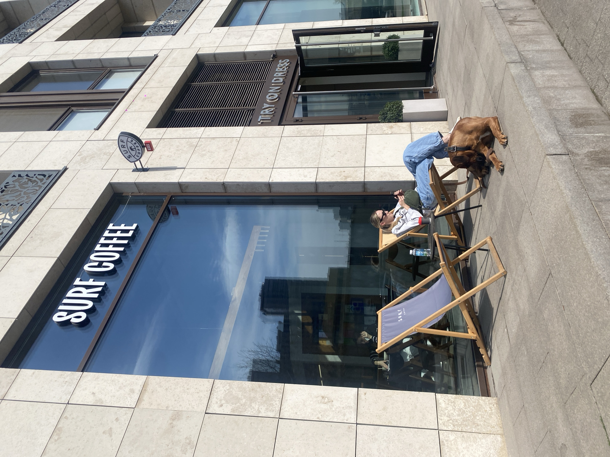 A building facade with a "SURF COFFEE" sign is visible. A blonde woman with sunglasses is sitting in a chair at an outdoor table, appearing to use a cell phone. A brown dog stands beside her chair. There are other outdoor chairs and a water bottle near the table. Above the coffee shop is a sign that reads "TRY ON DRESS." The location is Khimki, Russia.