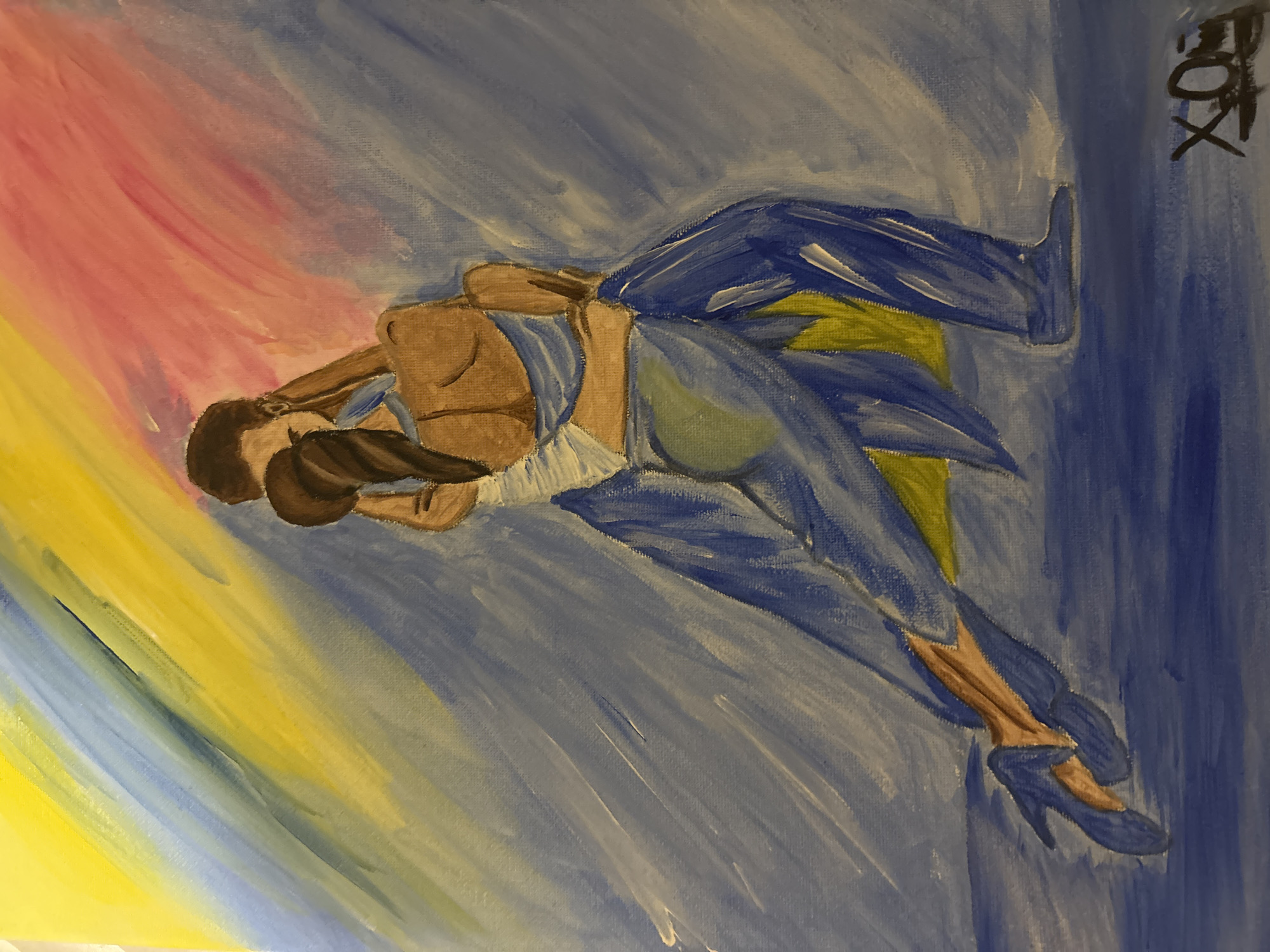 The image is an acrylic painting of a couple dancing. The woman is wearing a white top and blue pants with heeled shoes, while the man is wearing a blue outfit. They are embracing in a dance pose. The background is a mix of colors, including pink, yellow, blue, and white, arranged in streaks. In the upper right corner of the painting, there is a dark inscription resembling a signature.
The location of Plovdiv, Bulgaria is irrelevant to the image content.