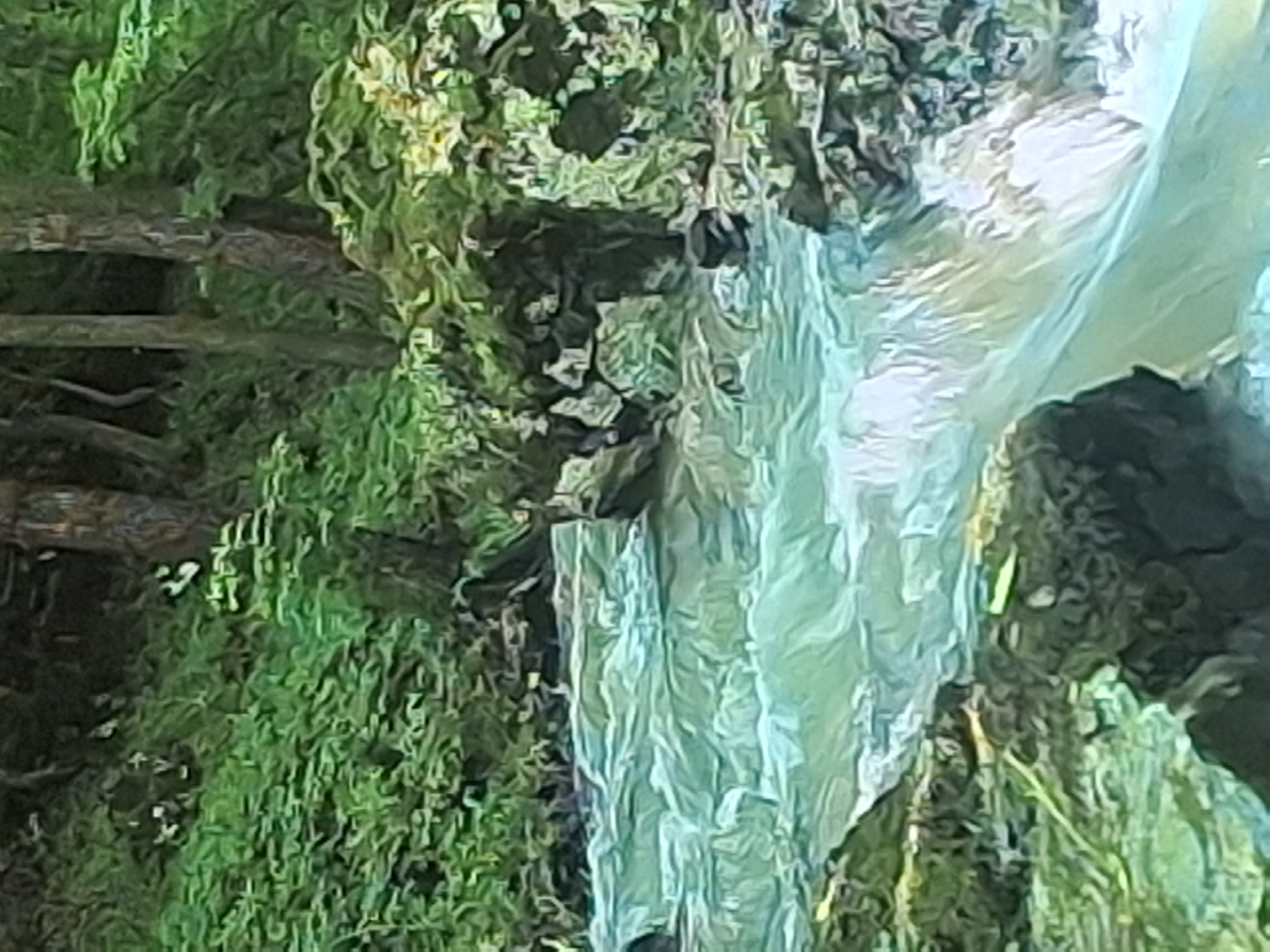The image depicts a serene natural landscape featuring a flowing river or stream amidst lush greenery and trees. The water is a vibrant turquoise color, with visible ripples and splashes suggesting movement. Rocks and vegetation line the banks of the waterway. The background is filled with dense foliage and tree trunks, indicating a forest or woodland setting. There are no people or man-made structures visible in the scene. The overall impression is one of a tranquil, untouched natural environment. There is no information available to specifically place this scene within the city of Izmail, Ukraine.