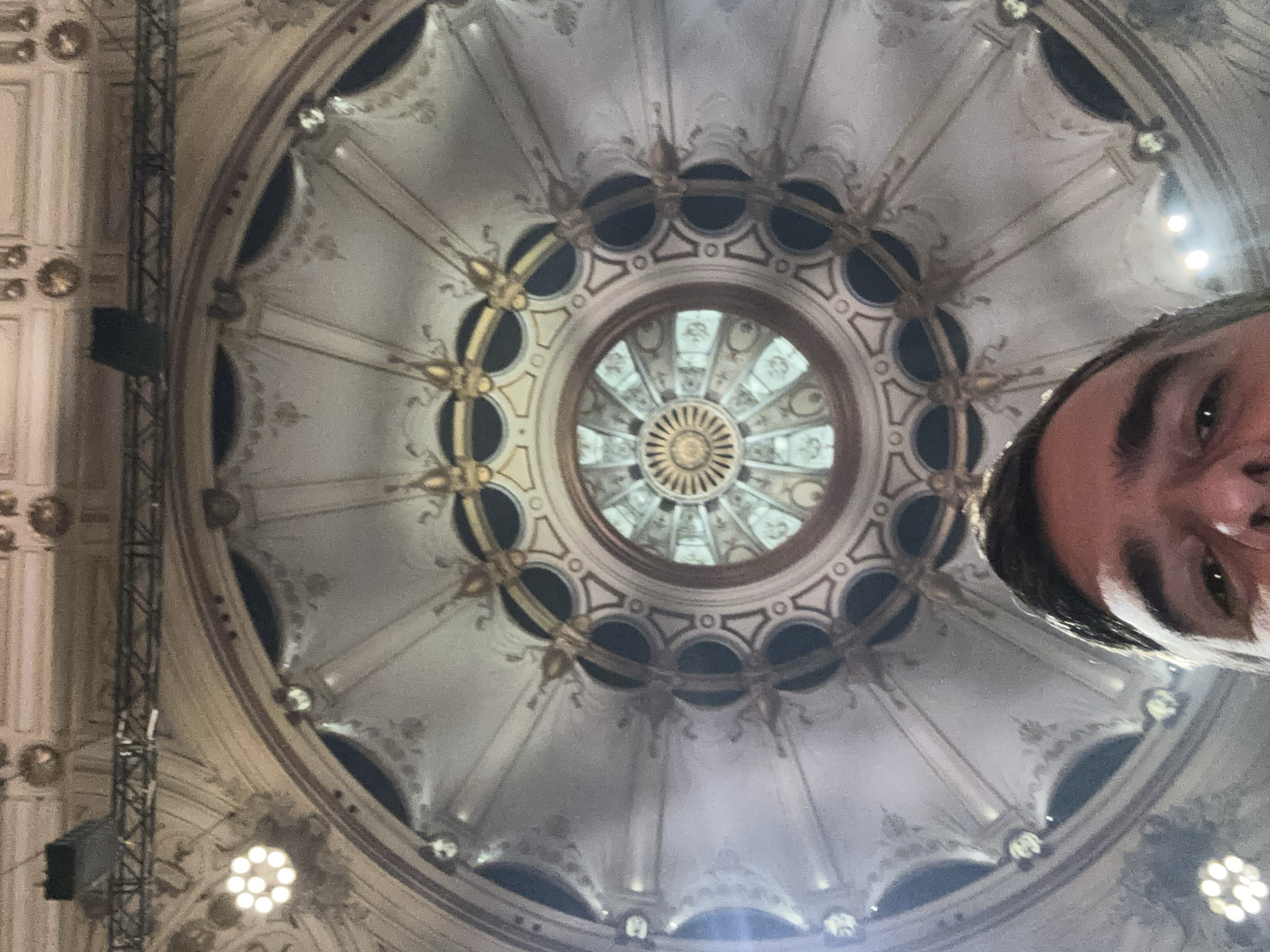 The image shows an ornate, domed ceiling, likely inside a historic building. The dome features concentric circles of decorative elements, including molded details and what appear to be openings or recesses. A section of scaffolding or rigging is visible along the left edge of the frame, accompanied by spotlights. Part of a person's face intrudes in the right part of the image. The location is unknown.