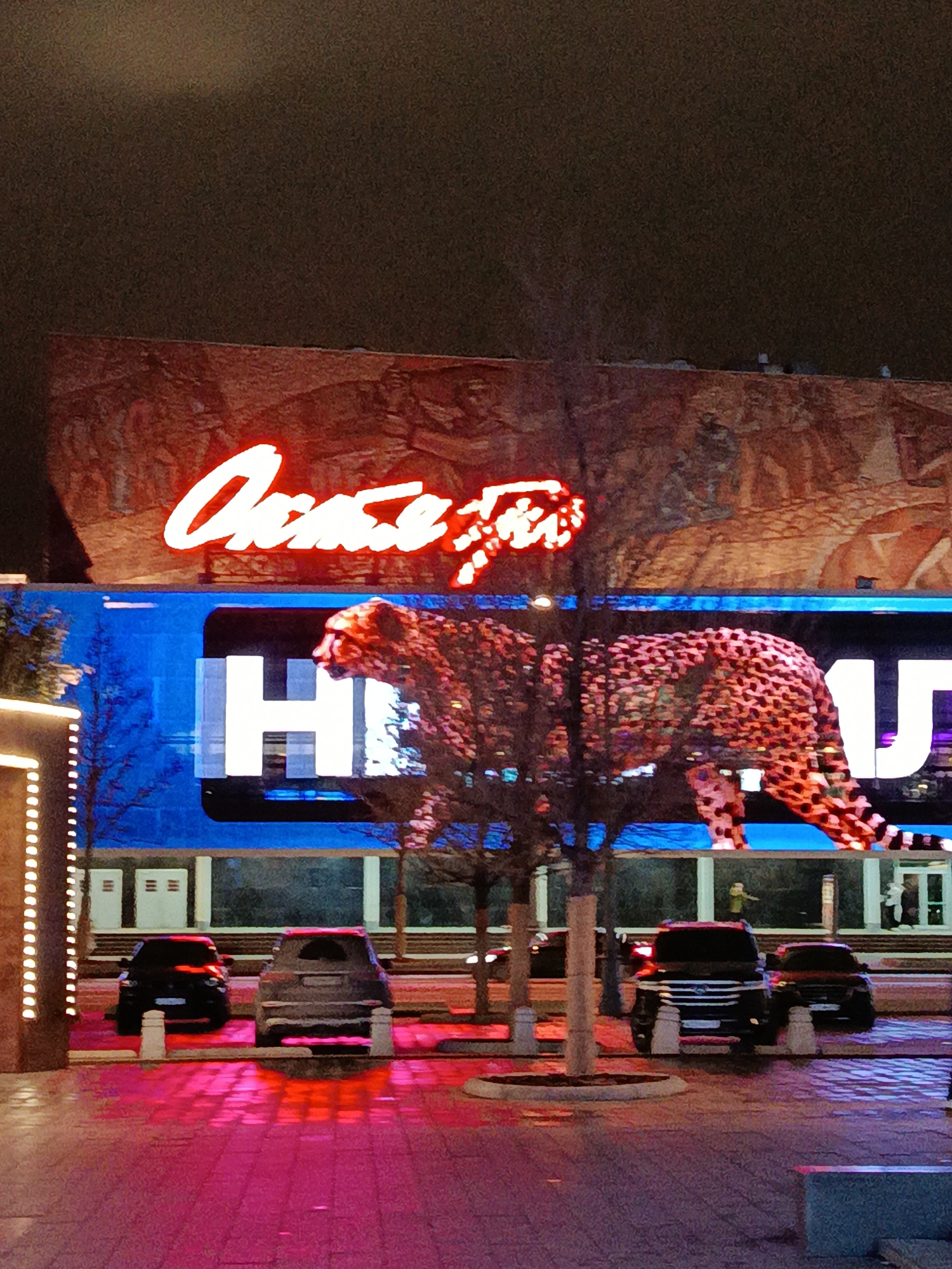 The image depicts an outdoor scene at night in Moscow, Russia. A building with a large sign displaying the name "Oktse" in red neon lights is visible. Below the sign is a large LED screen showing a cheetah. In the foreground, there is a paved area with several parked cars. Bare trees are planted in circular beds along the sidewalk. The ground is reflecting pink and red light from the signs and street lights, creating a vibrant glow.