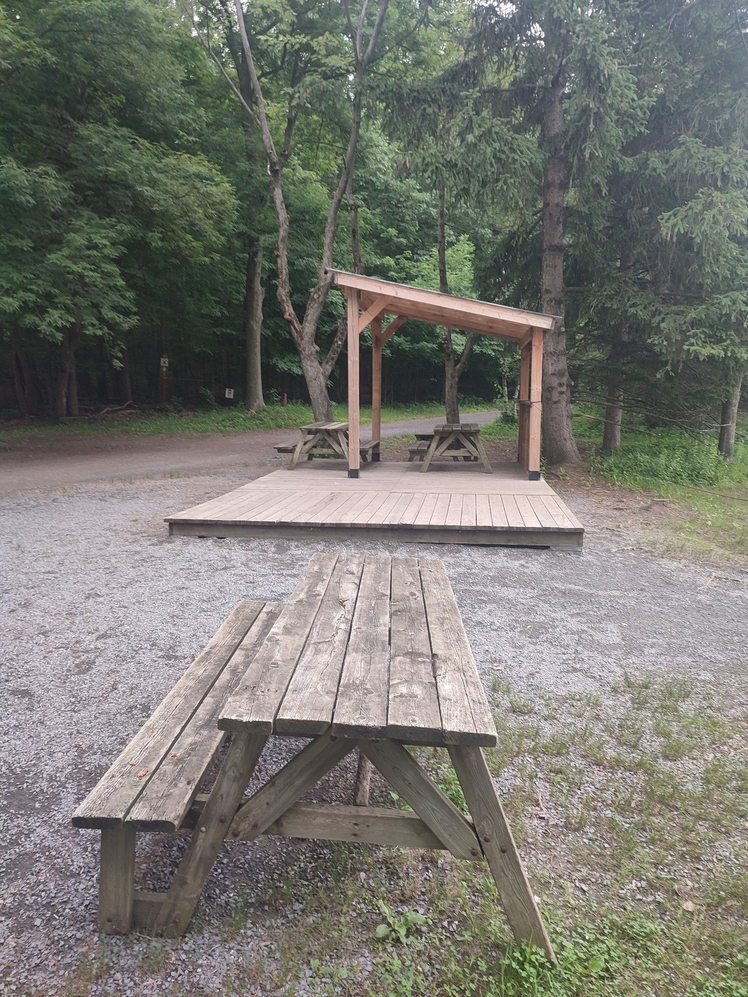 The image shows a park setting in Saint-Bruno-de-Montarville, Canada. In the foreground, a weathered wooden picnic table is positioned on a gravel surface, with grass and foliage bordering it. Behind this table, a wooden deck has been constructed, serving as a platform for another picnic table situated beneath a simple wooden shelter. This shelter has a slanted roof supported by wooden posts. The entire scene is surrounded by a dense forest with tall trees, suggesting an outdoor recreational area. A dirt path winds through the trees in the background. The lighting suggests it is daytime, likely overcast, as there are no strong shadows. The atmosphere appears peaceful and natural, with the wooden structures blending into the environment. No people are visible, and there is no visible text.