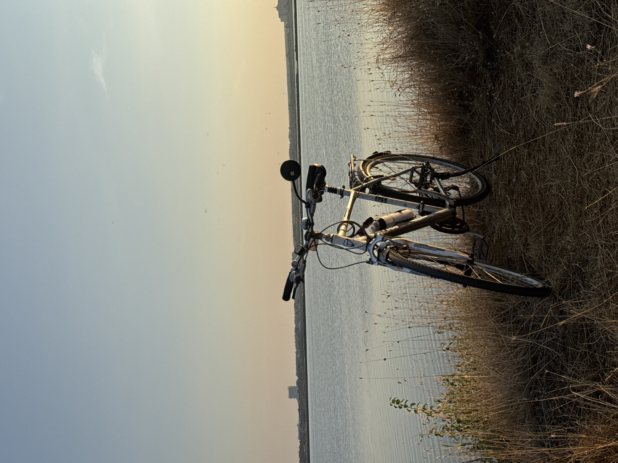 A silver bicycle is parked on a grassy embankment next to a body of water. The water is calm and reflects the light of the setting sun, which casts a warm glow on the scene. The sky is a gradient of soft blues and oranges, with a few wispy clouds. In the distance, across the water, a city skyline is visible, with a tall, modern building standing out among the lower structures. The area around the bicycle is covered in dry, straw-like grass, with a few green plants interspersed. The overall impression is one of tranquility and natural beauty, with a touch of urban presence in the background. This scene is consistent with the natural areas found along the Pomorie Lagoon in Pomorie, Bulgaria.