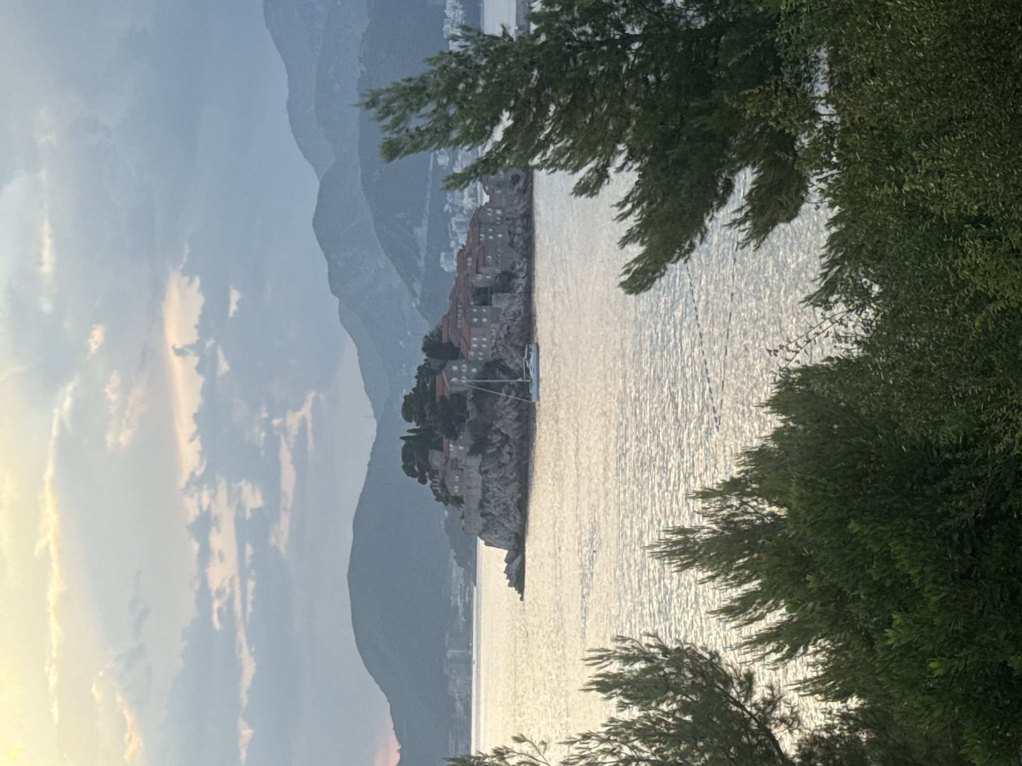 The image depicts a serene coastal view in Sveti Stefan, Montenegro, likely during either sunrise or sunset, given the soft, diffused light. In the mid-ground, a picturesque island village, identified as Sveti Stefan, sits atop a rocky outcrop, characterized by its stone buildings with red-tiled roofs and dense green foliage. A white sailboat is anchored near the island. The calm, shimmering water of the Adriatic Sea surrounds the island. In the background, a chain of mountains is visible under a sky filled with soft, layered clouds. The foreground is framed by the dark green silhouettes of pine trees and other lush vegetation, suggesting a vantage point from a higher elevation overlooking the scene. There are no people or animals visible in the image.