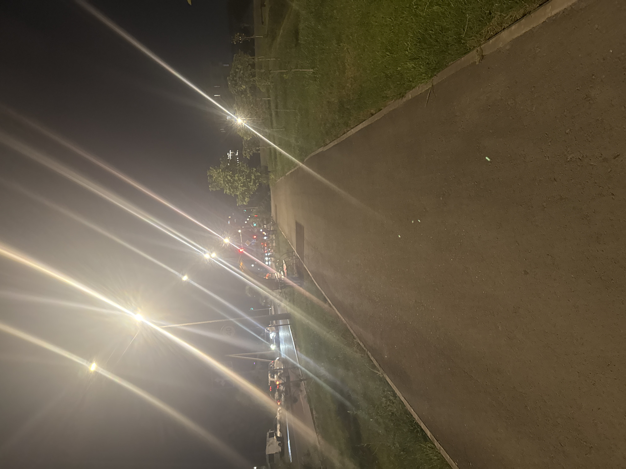 The image depicts a nighttime scene on a paved pathway in a park-like setting, likely in Bishkek City, Kyrgyzstan. The pathway is bordered by a grassy area with young trees on the right side and a road with traffic on the left. Bright streetlights, some with a starburst effect due to the night exposure, illuminate the scene. On the left, a road with moving vehicles and streetlights can be seen. A white van is parked on the side of the road. In the background, there are more trees and some buildings. The overall atmosphere is that of a quiet urban evening.