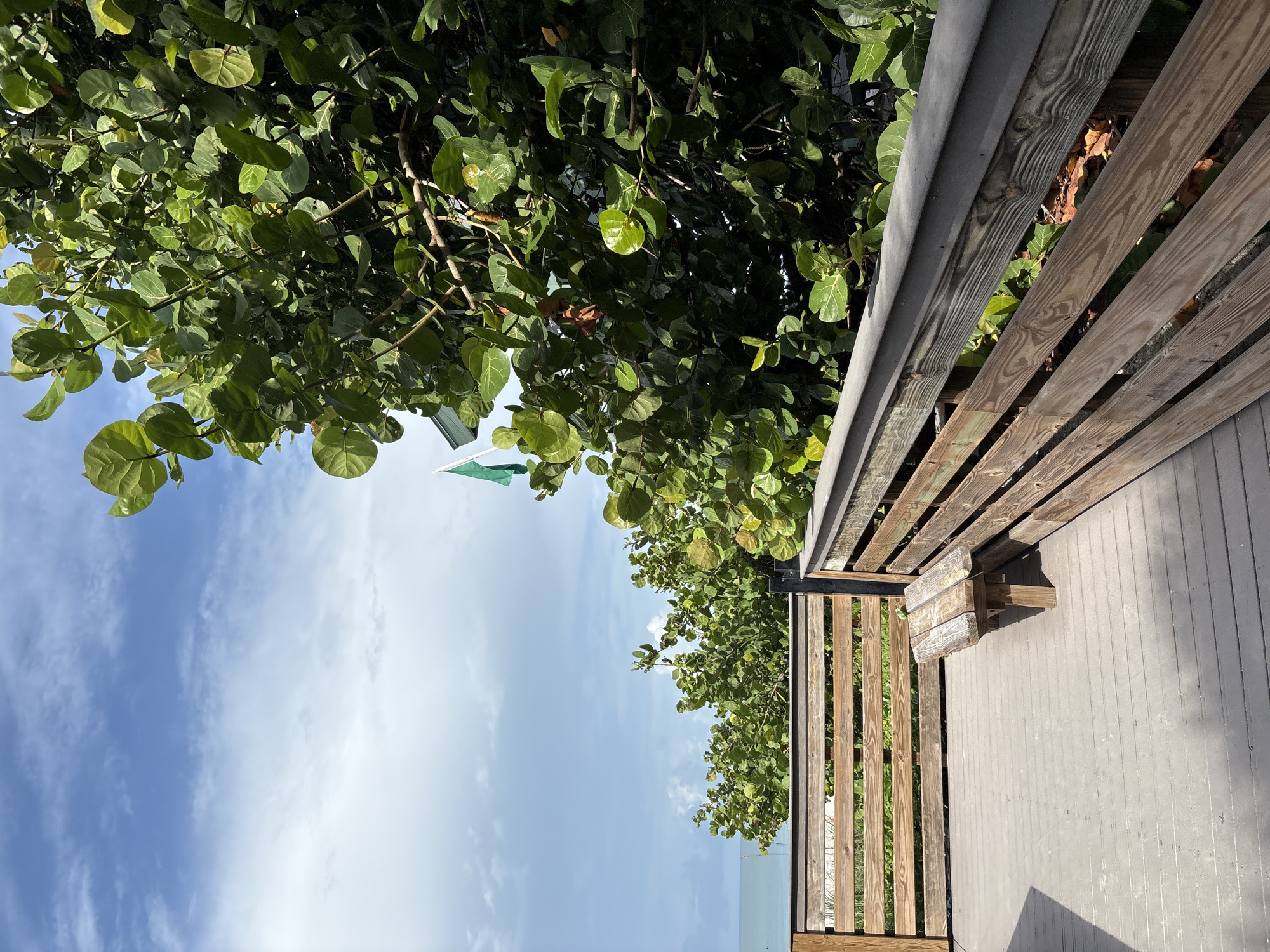 A wooden deck with a simple wooden bench overlooks the ocean. Dense green foliage is to the right of the frame, with a small green flag visible behind it. The sky is blue with scattered clouds. The image appears to be taken at Englewood Beach, a popular public beach located in Englewood, Florida, United States.