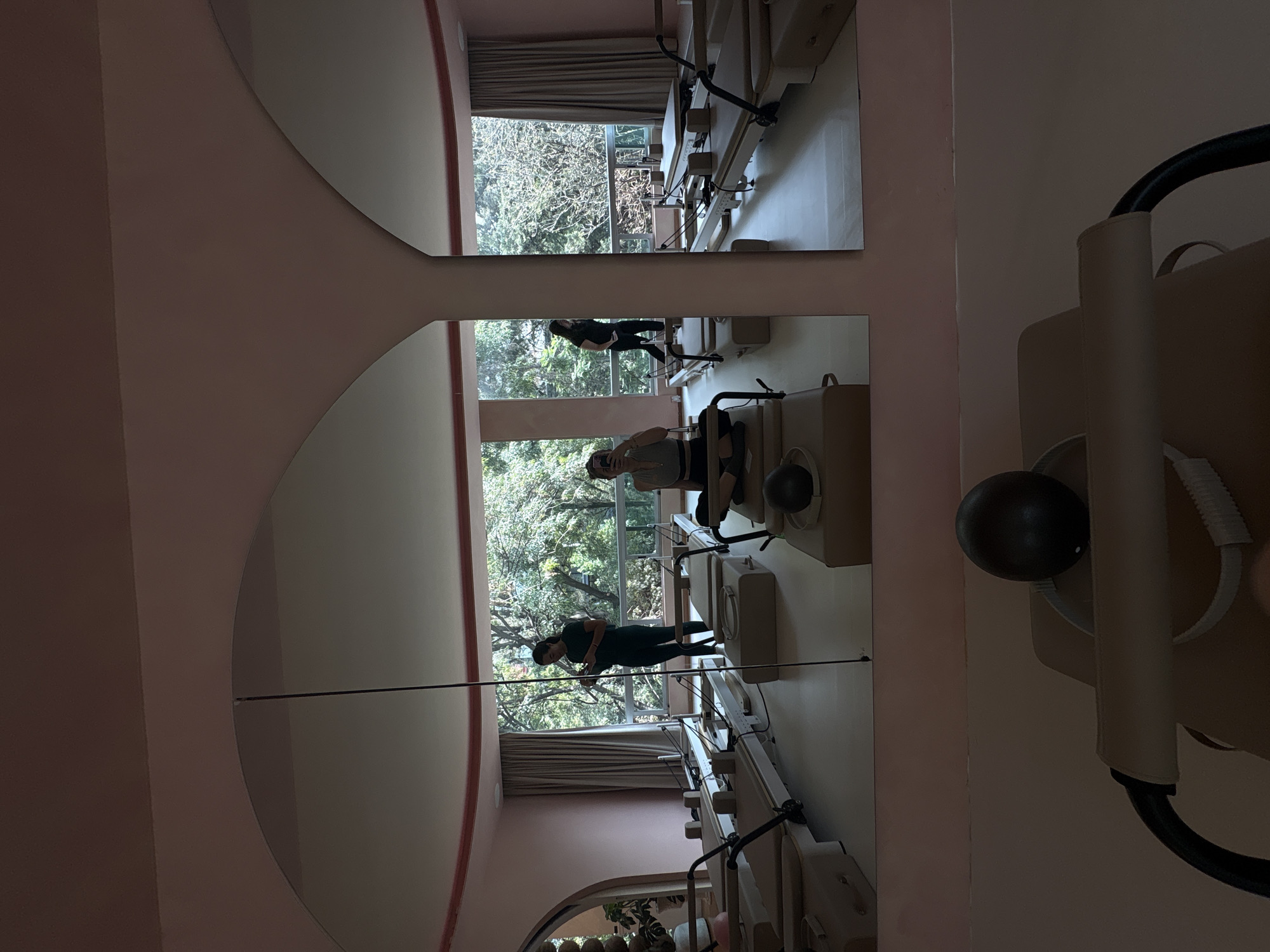 In Mexico City, Mexico, a pilates studio with pink walls and arched mirrors is captured in a reflective shot. Several pilates reformers are arranged in rows, with a woman in a dark outfit standing near a window. Another woman, wearing a grey top and black leggings, is seated on a reformer and taking a selfie. Outside the studio, lush green trees are visible through the large windows. The foreground features another reformer, with a black exercise ball and straps.