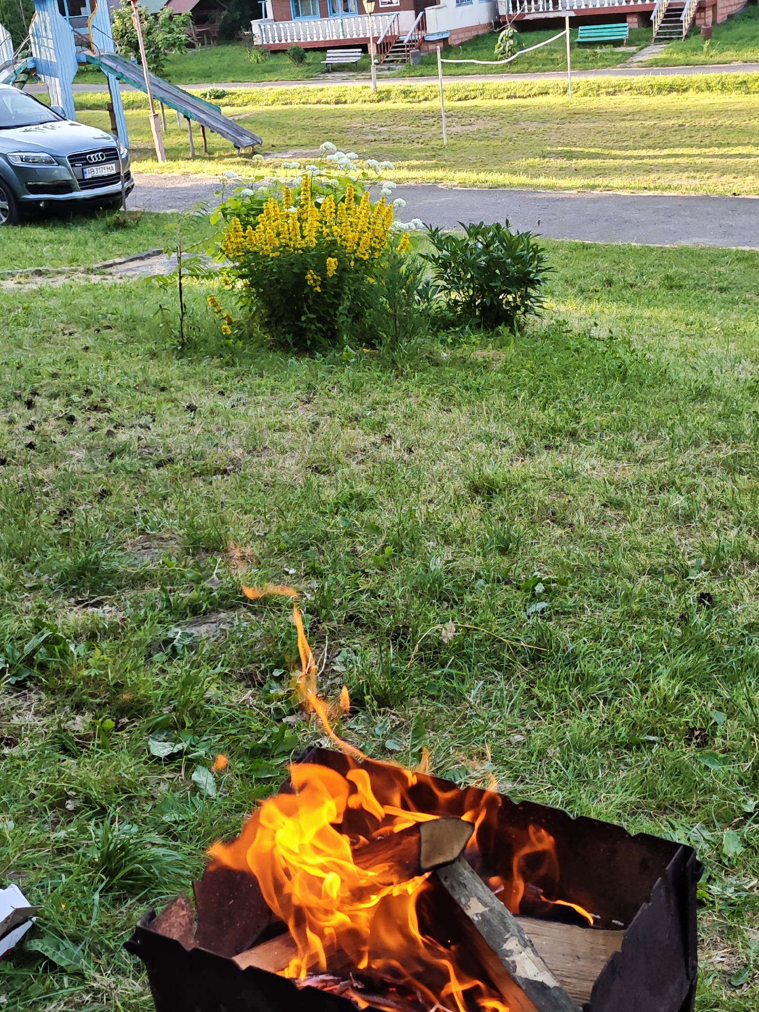 In the city of Sosny, Ukraine, a mid-shot captures a scene outdoors on a grassy area. In the foreground, a metal barbecue grill contains a roaring fire with visible flames and burning logs. To the left of the grill, a white cardboard box is partially visible. In the mid-ground, a cluster of bright yellow flowers stands out against a backdrop of lush green grass and a small green bush. Further in the background, a grey car is parked. Beyond the car, a blue and green playground slide is present. In the distance, a building with a red roof and white railings is visible, along with a volleyball net. The overall environment suggests a recreational outdoor setting.