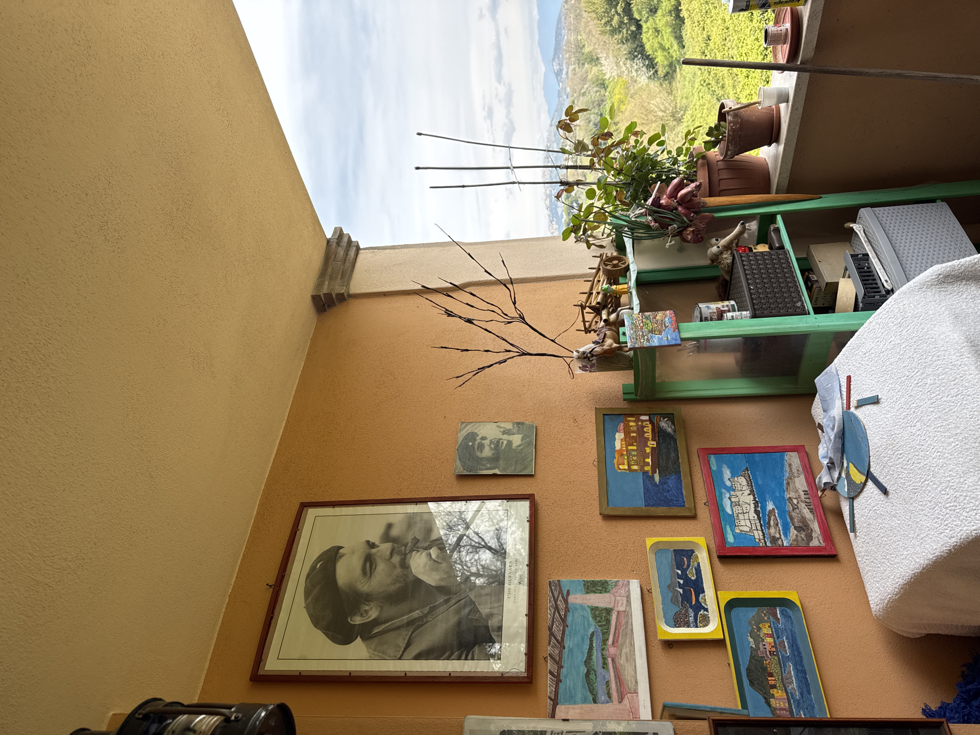 The image depicts a cluttered outdoor space in Rignano Flaminio, Italy, possibly a balcony or patio. The walls are painted in a muted yellow tone. On the wall, there is a framed black and white portrait of Che Guevara, along with several smaller paintings of landscapes and buildings. A dry branch-like decoration is affixed above the portrait.
To the right of the wall, a green shelving unit is visible, laden with plants in terracotta pots and various objects. A white object partially obscures the shelving unit. The background showcases a view of a landscape, including greenery and distant hills. The sky is overcast.