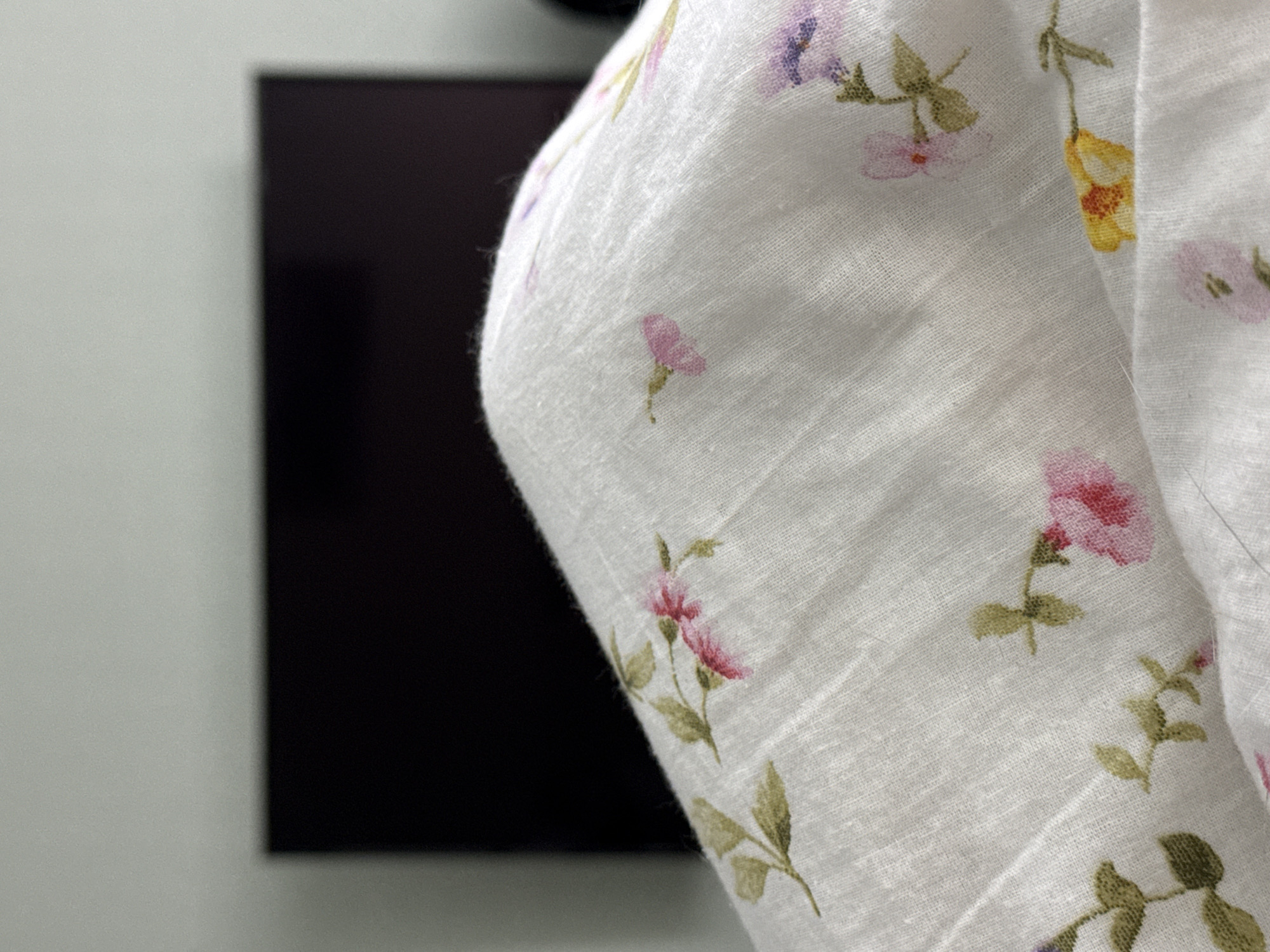 The image is a close-up, low-angle shot of a white fabric with a floral pattern. The fabric is draped and folded, creating a soft, rounded shape in the foreground. The floral pattern consists of small, delicate flowers in shades of pink, purple, and yellow, along with green leaves and stems. The texture of the fabric appears to be linen or a similar lightweight material, with visible weave.
In the background, out of focus, is a dark, rectangular object which resembles a television screen. Above the screen is a plain, light-colored wall, likely a neutral gray or off-white. The lighting suggests an indoor environment.
There are no people or identifiable individuals present in the image. The scene is static and appears to be a still life composition.
This image is not locatable in Elista, Russia. It depicts a generic indoor scene and contains no specific geographical markers or contextual information that would link it to any particular city or country.