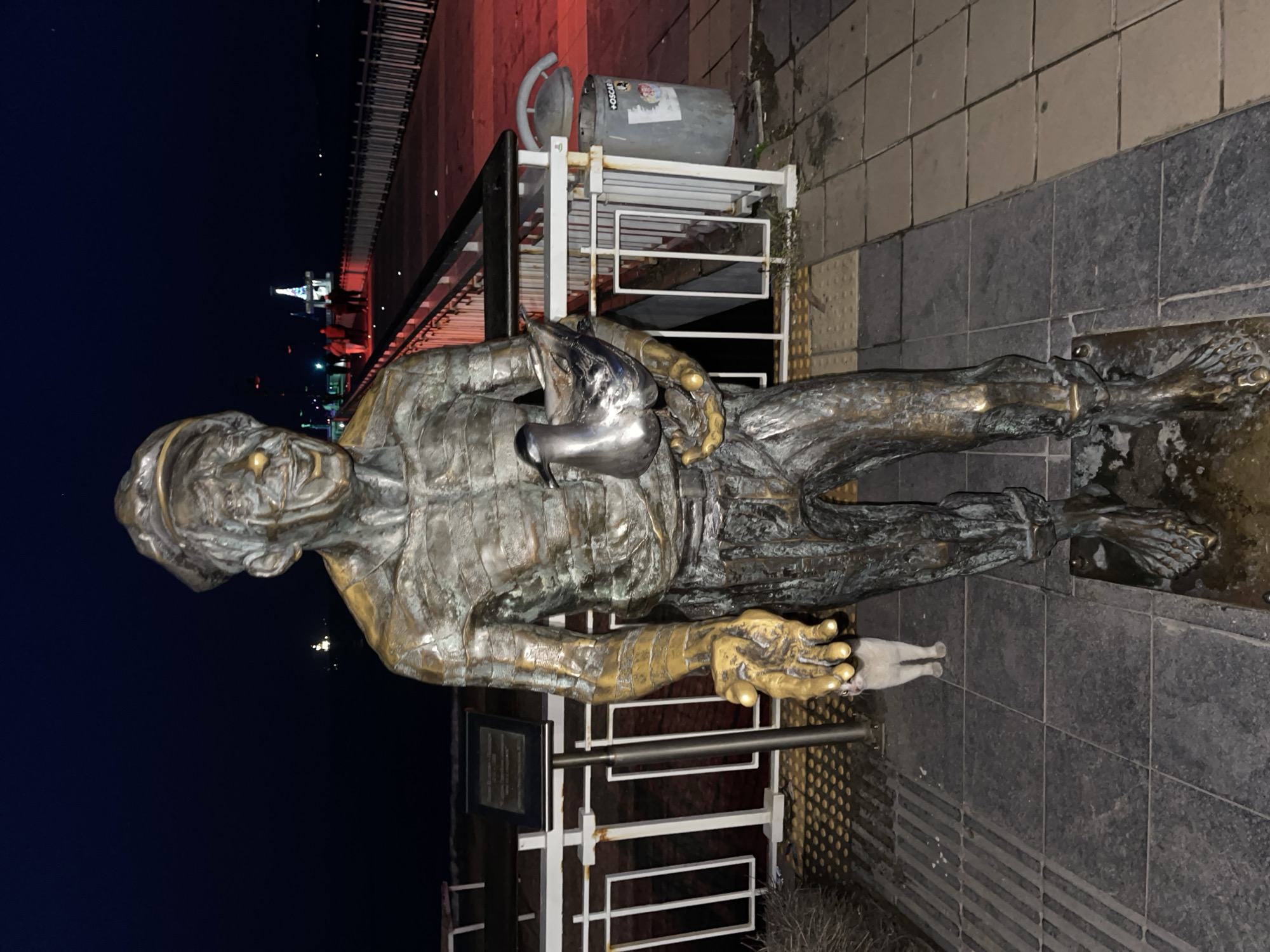 The image shows a bronze sculpture of a fisherman holding a fish, located on a tile pavement. A white cat is near the extended right hand of the statue. Behind the statue is a white metal railing, a garbage can, and a red-lit building structure is visible in the background. The sky is dark blue. The sculpture is located at the pier in Burgas, Bulgaria.