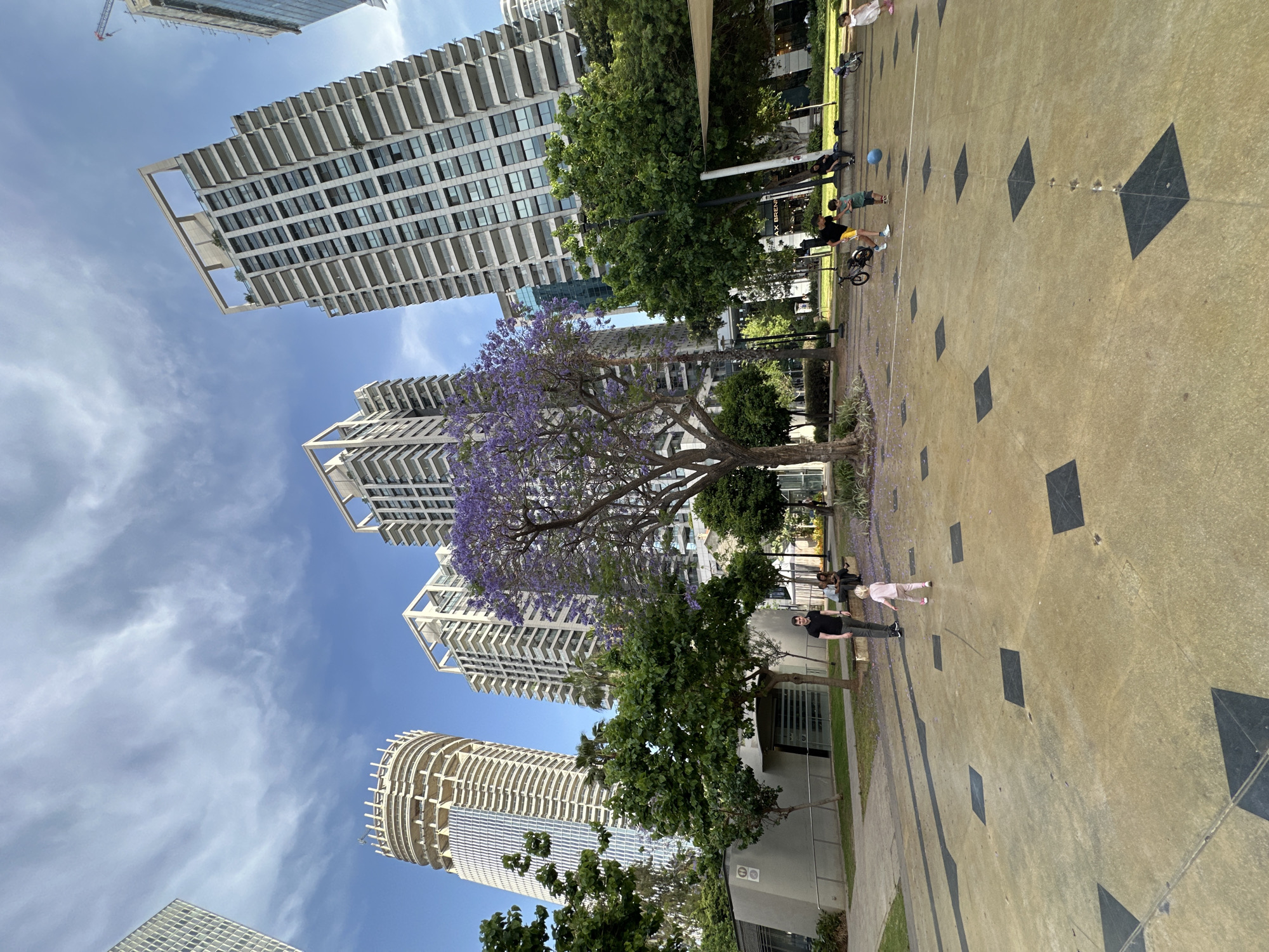The image depicts a modern urban scene in Tel Aviv, Israel. Several high-rise buildings are visible, characterized by their contemporary architectural designs. One notable building has a cylindrical shape. A jacaranda tree with vibrant purple blossoms stands prominently in the foreground. People are present in the scene, including two individuals walking along a paved area. Other people are visible further in the background. The ground is paved with a pattern of squares. The sky is blue with scattered clouds.