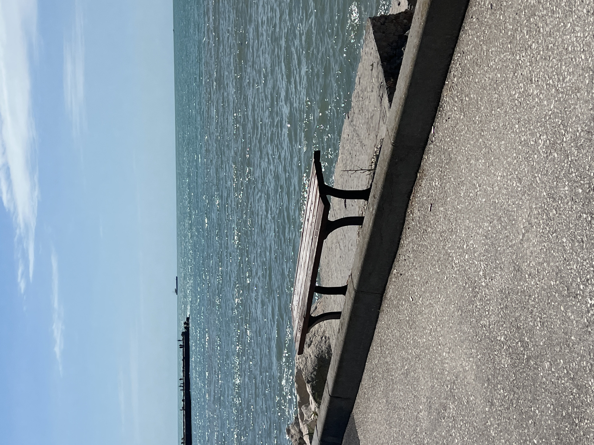 The image displays a serene coastal scene under bright daylight. A wooden park bench with dark metal supports is positioned on a low concrete barrier, facing an expansive body of water that appears to be a sea or large lake. The water's surface sparkles intensely with sunlight reflections, suggesting a clear and sunny day.
To the right of the bench, a paved walkway or promenade with a textured, granular surface runs parallel to the water's edge. The concrete barrier acts as a divider between the paved area and the water. The sky above is a clear, light blue, with a few elongated wispy white clouds stretching across it.
In the distance, on the far left side of the water, a dark, narrow structure, possibly a pier or breakwater, extends outwards, with several small, dark shapes on top that could be birds or people. Further out in the middle distance, a faint outline of a ship or boat is visible on the horizon.
The scene is devoid of people in the immediate foreground, emphasizing the tranquil and peaceful atmosphere. The bench is empty, inviting contemplation. The time of day appears to be midday or early afternoon, indicated by the strong sunlight and clear visibility. There is no visible text in the image. Given the context, this is likely a view from a waterfront promenade in Varna, Bulgaria.