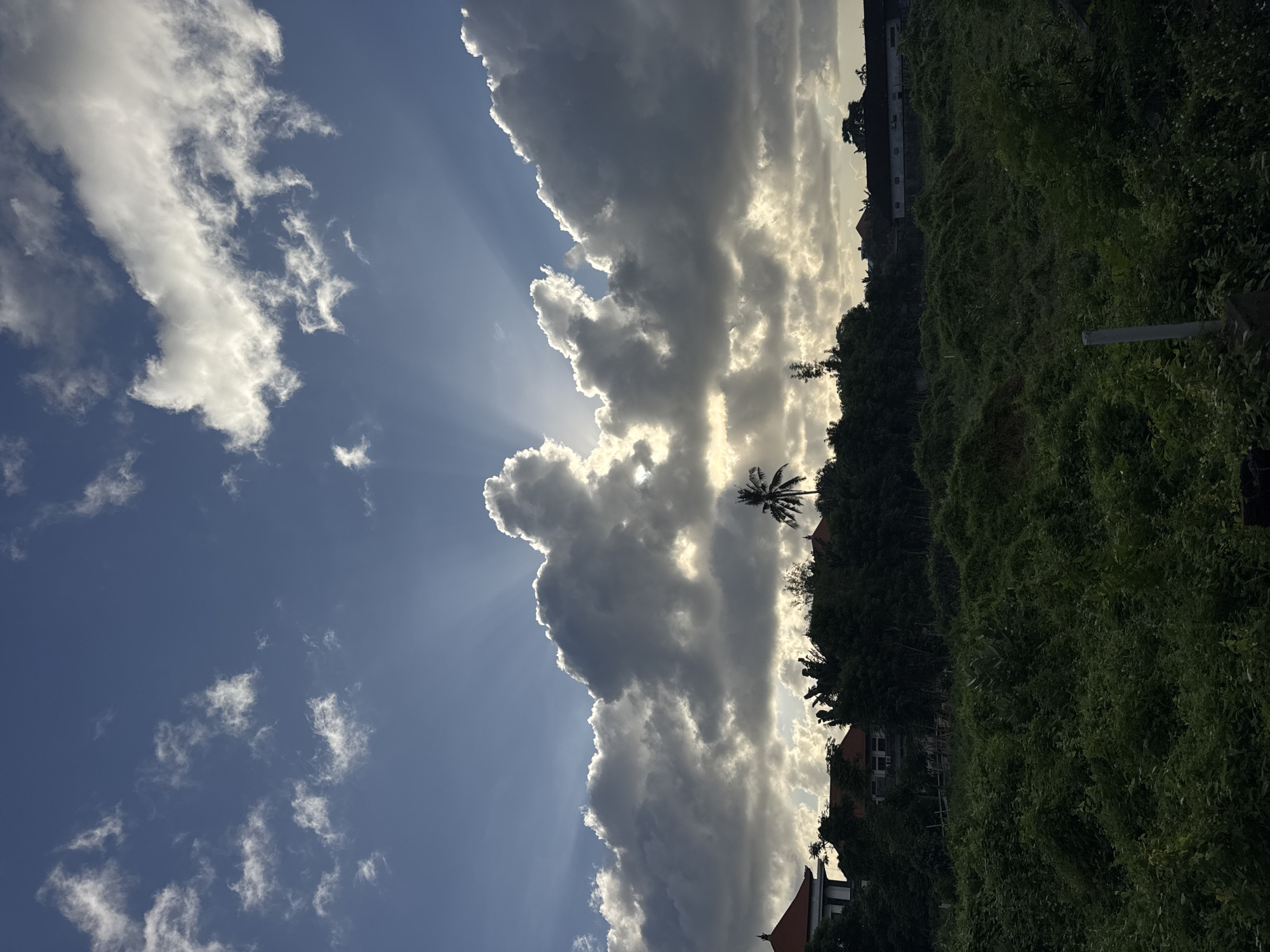 The image depicts a daytime scene, seemingly in Kuta, Indonesia, based on the vegetation and architectural hints. A substantial, towering cloud formation dominates the upper portion of the frame, with sunlight piercing through its edges, creating a "god ray" effect. To the right of the clouds, dense, green vegetation covers the terrain, partially obscuring buildings with red-tiled roofs. A single palm tree is silhouetted against the bright sky near the horizon. The sky transitions from a deep blue to a lighter hue near the cloud formation. The overall lighting suggests a sunny day with dynamic cloud cover.