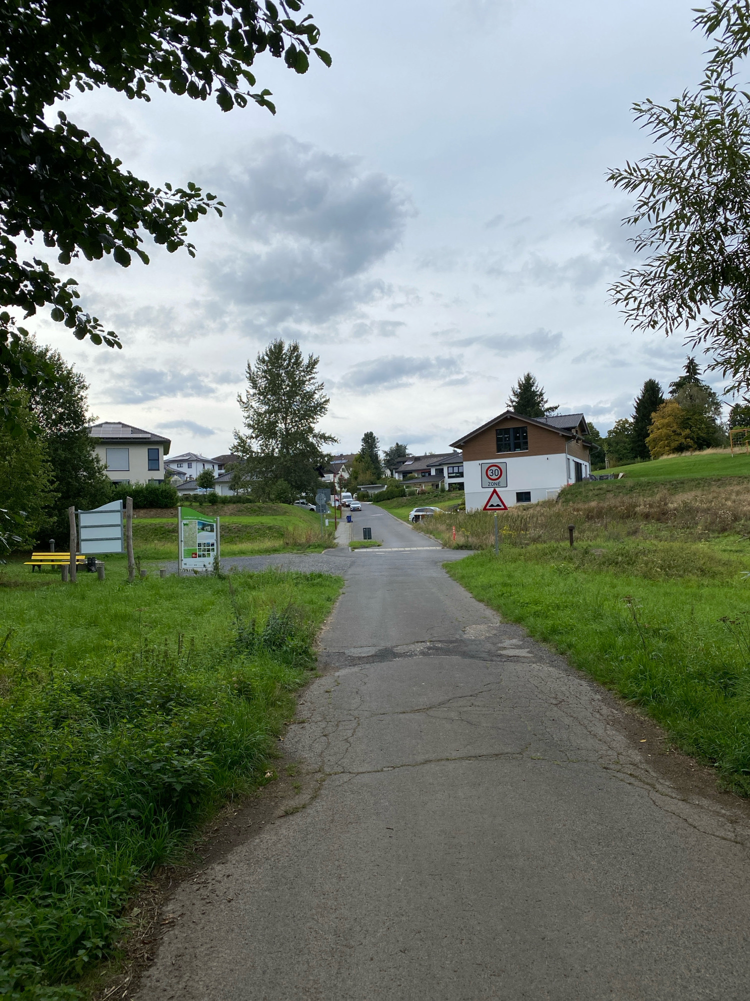 The image depicts a residential street in the village of Flammersfeld, Germany, under an overcast sky. A paved road curves gently uphill, flanked by lush green grass and vegetation on both sides. Several modern houses with pitched roofs are visible on the slopes, some featuring solar panels. In the foreground, on the left, a yellow bench sits next to a wooden information board displaying maps and text. Further up the road, a red and white circular sign with a "30" inside and a triangular sign indicating a bumpy road are posted on the right. A few vehicles are parked or driving on the road, and trees are scattered throughout the landscape. The overall impression is a quiet, suburban environment.