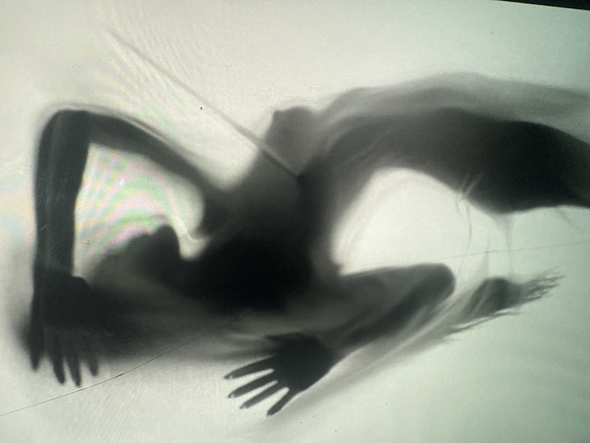 Two figures are silhouetted and partially obscured behind a translucent material, possibly fabric or frosted glass. The figures appear to be human and are in close proximity to each other, suggesting an interaction or embrace. The lighting creates a dramatic effect, with shadows defining their forms. One figure's hand is pressed against the material, fingers splayed, while the other figure's arms are raised and bent. The overall impression is one of mystery and sensuality due to the obscured nature of the subjects. The background is a plain, light color with some faint color banding and a few small specks of dust visible. There are no identifiable city elements present.