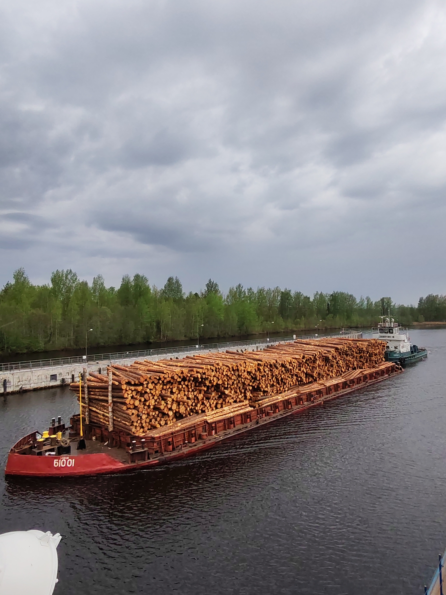 A barge laden with logs is being towed on a canal. The barge is a reddish-brown color, and the logs are stacked high on top of it. A tugboat is attached to the stern of the barge. The canal is bordered by trees and a cement retaining wall. The sky is overcast. The location is Unknown, Unknown.