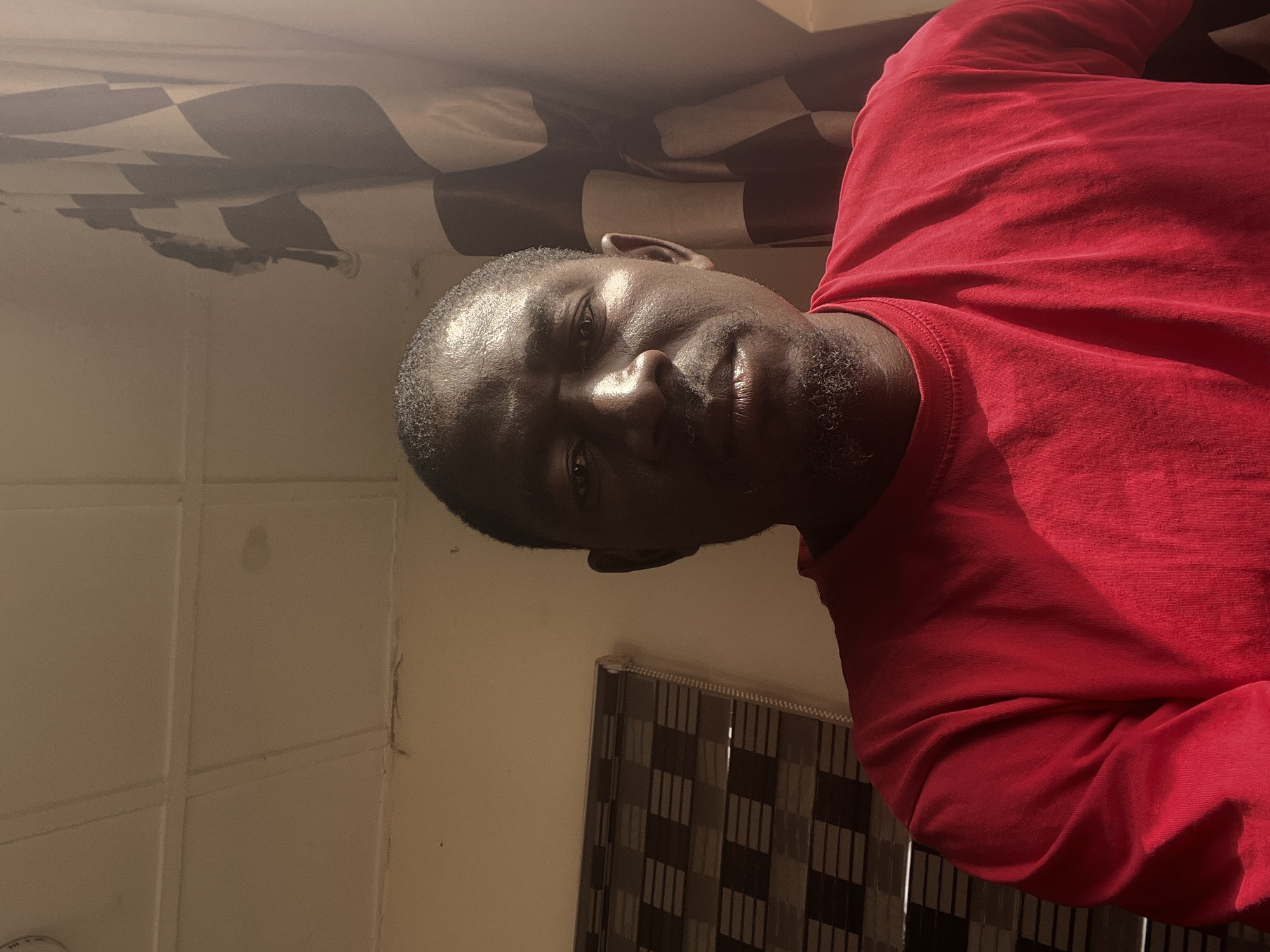 A medium-shot, eye-level, selfie-style photograph captures a Black man in his mid-30s to early 40s from the chest up. He has short, dark, textured hair and a goatee. He is looking directly at the camera with a neutral expression. He is wearing a bright red, short-sleeved t-shirt.
The background shows a room with a tiled ceiling, a window with blinds, and a large flag with a checkered pattern. The lighting suggests natural light coming from the right side of the image, creating strong highlights on the man's face and shoulders. The room appears to be indoors.
It is not possible to determine the specific location in the city of Jos, Nigeria, from the visual information provided in the image.