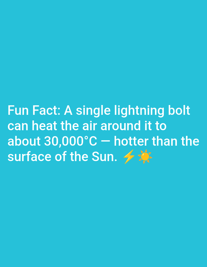 The image is a cyan colored background with white text. The text reads "Fun Fact: A single lightning bolt can heat the air around it to about 30,000°C — hotter than the surface of the Sun." There are two emojis at the end of the sentence: a lightning bolt and a sun. There is no information in the image that indicates a location in Lagos, Nigeria.