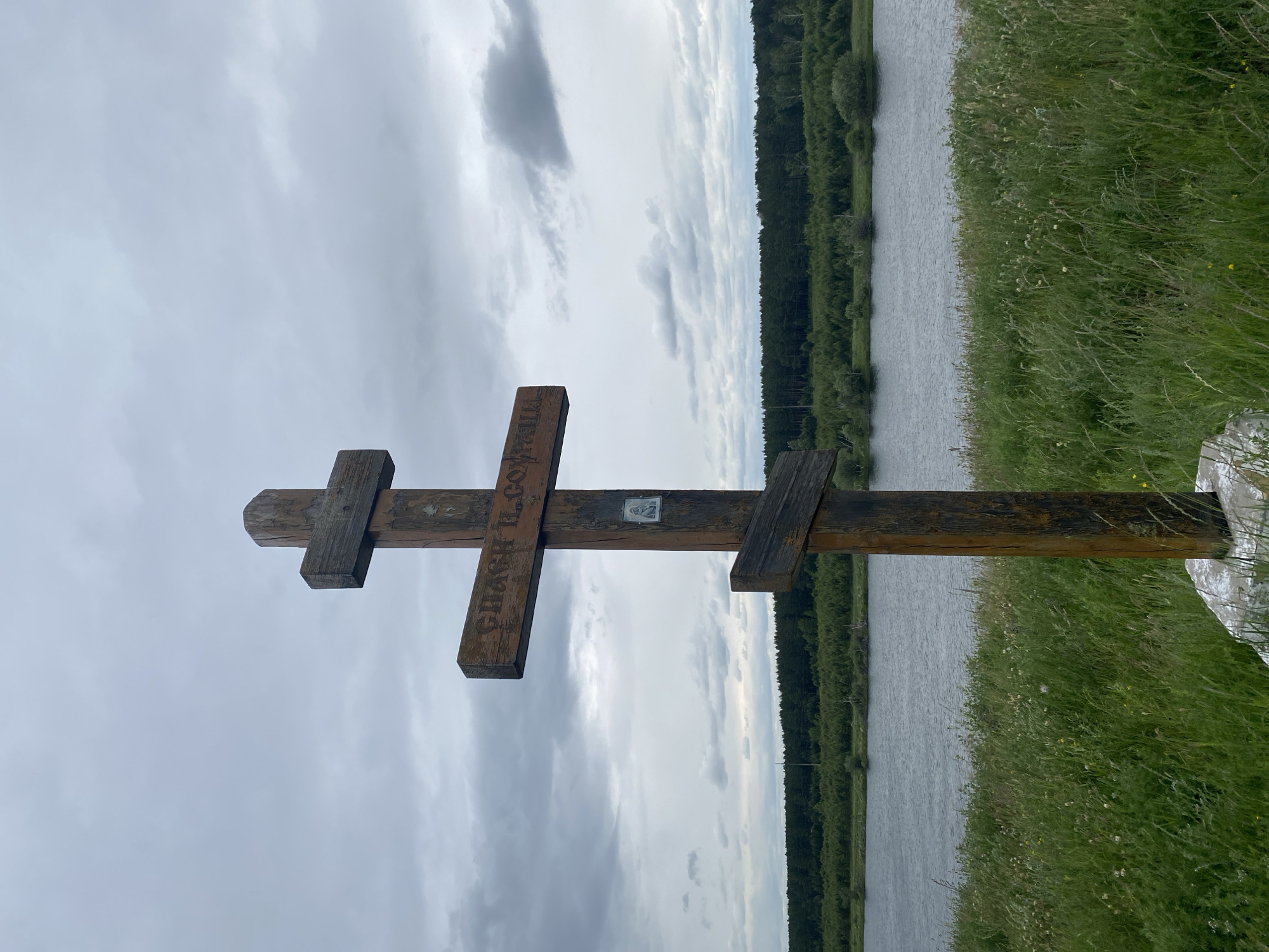 The media file displays an upright, weathered wooden Orthodox cross situated in a natural outdoor setting. The cross is the primary subject, with its dark wood showing signs of age and exposure. Inscribed on the lower horizontal beam of the cross are Cyrillic letters, partially obscured and difficult to read but appearing to say "GRACIA F. CORN." A small, framed image or plaque is affixed to the upper horizontal beam.
The background reveals a body of water, likely a lake or river, stretching horizontally across the frame. Beyond the water, a dense, dark green forest forms a continuous line along the horizon. The foreground and right side of the image are dominated by tall, green grass and some smaller wildflowers, suggesting a meadow or a grassy verge.
The sky is overcast with a mix of light and dark gray clouds, indicating a cloudy or potentially rainy day. The overall lighting is diffused and cool. The orientation of the image is vertical. The scene evokes a sense of solemnity or remembrance, given the presence of the cross. No specific activity is depicted, and the image appears to be a still capture of a tranquil, natural environment. The location context of Novomaltinsk, Russia, places this scene in a specific geographical region known for its natural landscapes.