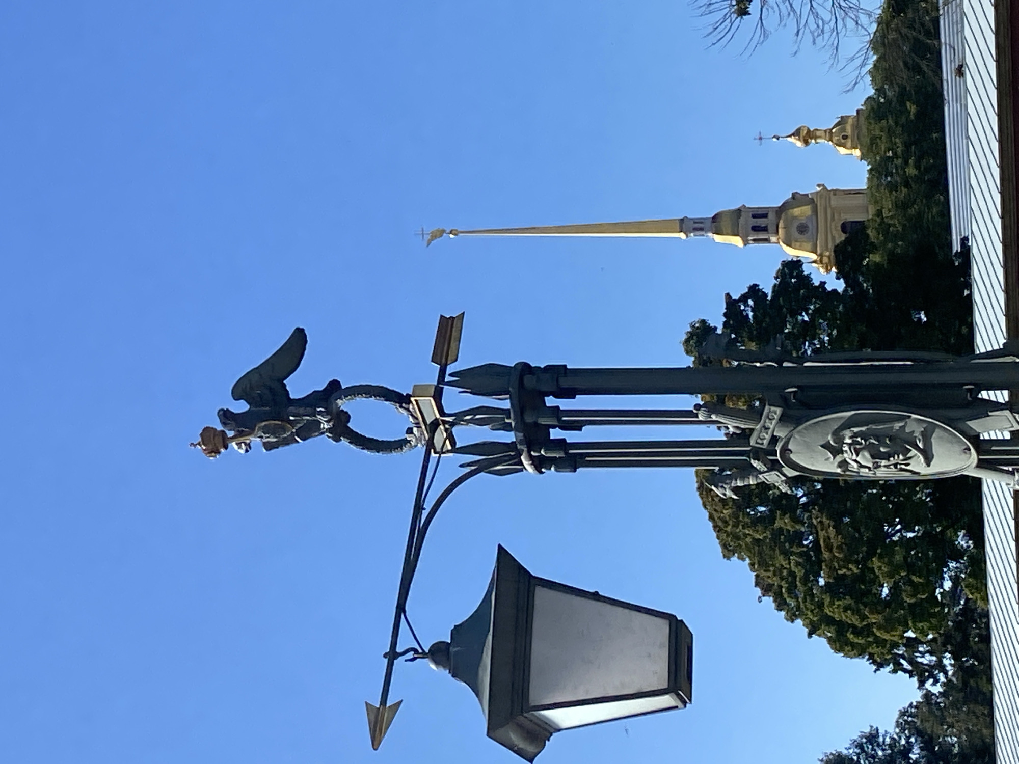 The image shows a streetlamp with a double-headed eagle ornament on top, against a clear blue sky. The lamp is in the foreground, with a lamppost that has ornate decorative elements, including a shield with a crest. In the background, the golden spires of the Peter and Paul Cathedral and bell tower are visible, peeking out from behind lush green trees. This scene is characteristic of St. Petersburg, Russia, likely near the Peter and Paul Fortress. No people are visible in the image.
