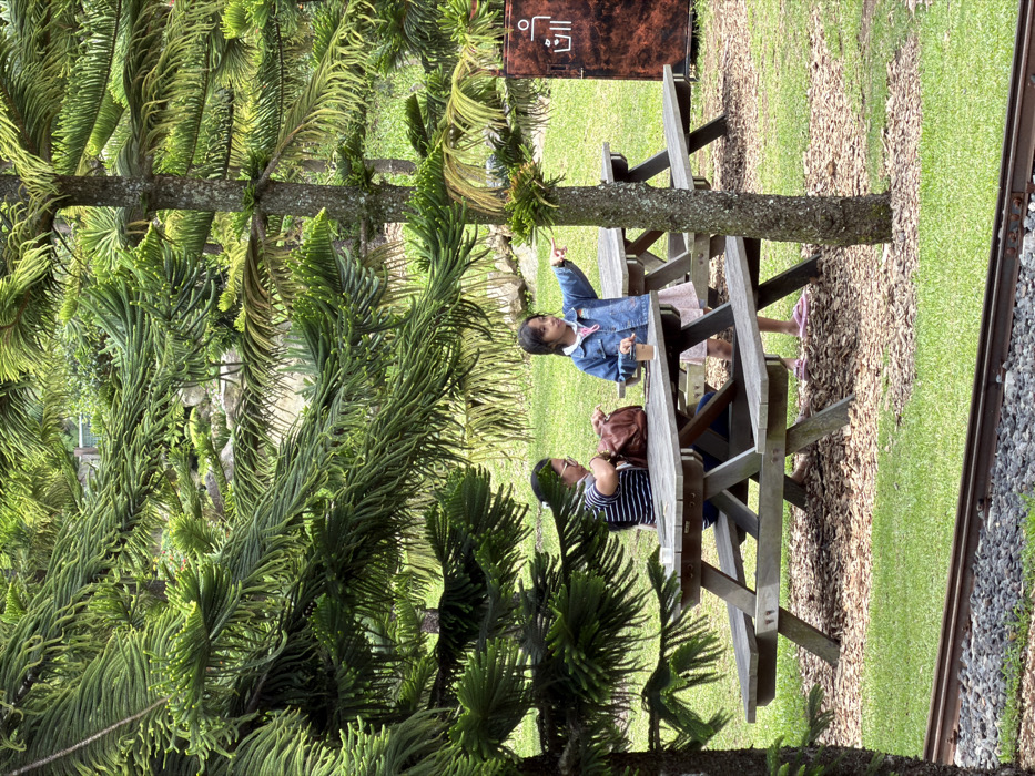 A woman and child are seated at a wooden picnic table beneath a tree in a park-like setting. The child points to something in the distance, while the woman appears to be looking at her phone. A purse sits on the table between them. A sign is visible above the table. A set of train tracks runs along the edge of a green grassy area next to the table.