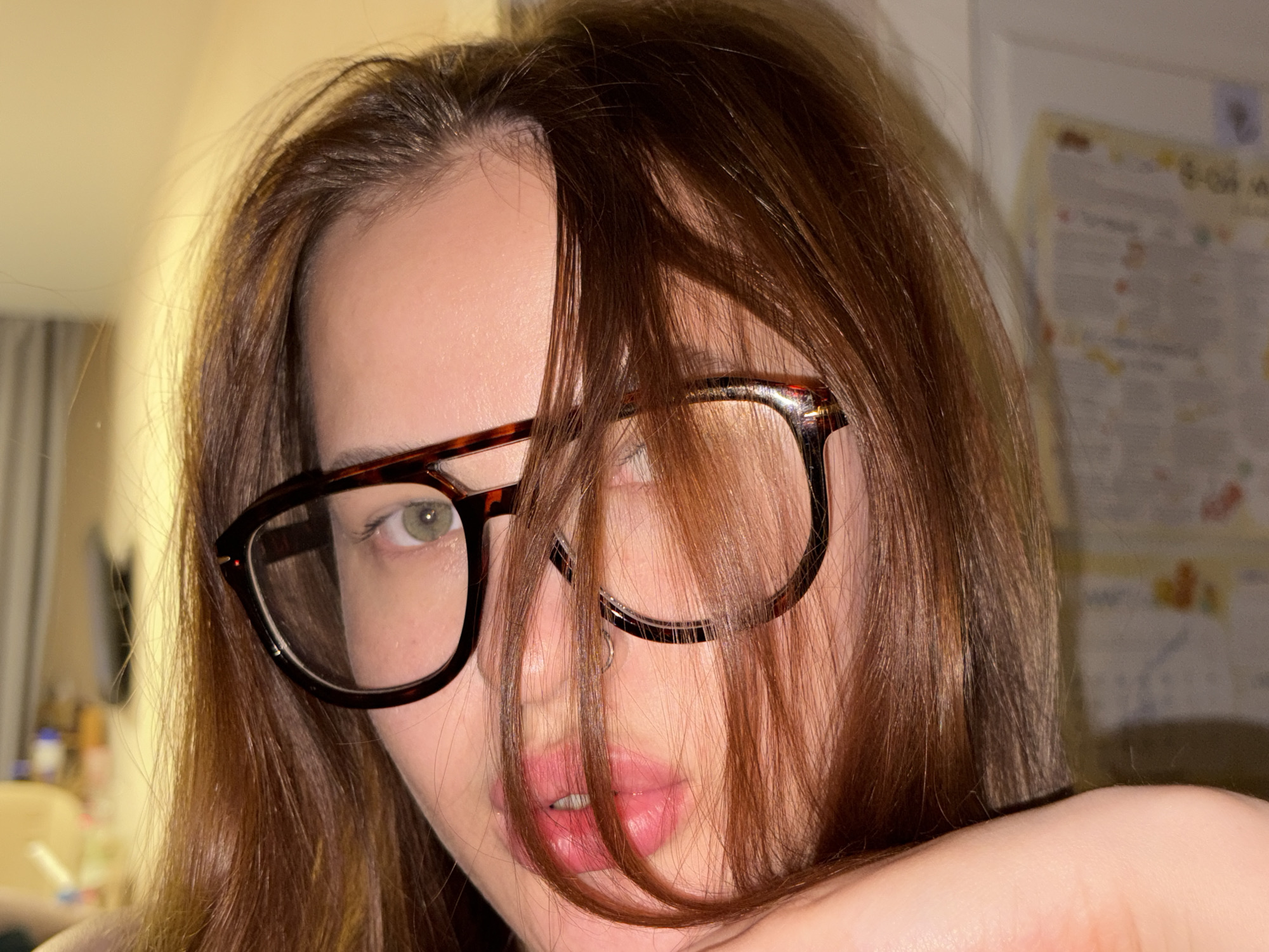 A close-up portrait features a young woman with long, warm brown hair that cascades over her face and tortoise-shell glasses. Her left eye, a striking green, looks directly at the viewer from behind the spectacles, while her right eye is mostly obscured by her hair and the glasses frame. Her full, pink lips are slightly parted, revealing a glimpse of teeth, and a small, silver nose piercing is visible above her upper lip.
The subject's head and shoulders fill most of the frame, with her left shoulder visible in the lower right corner. The soft, warm lighting suggests an indoor setting, likely in the evening or under artificial light. The background is largely out of focus, showing a light-colored wall to the left and an indistinct document or poster affixed to a wall on the right. No discernible text is legible on the blurred background elements. The scene conveys a direct and somewhat enigmatic expression, captured in what appears to be a casual moment in Krasnodar, Russia.