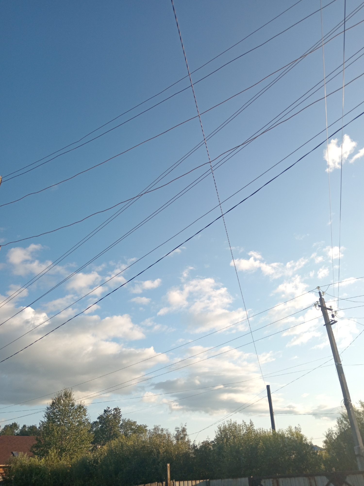 The image depicts a view of the sky above a rural area, likely in Novopokrovka, Russia, characterized by overhead power lines crisscrossing against a backdrop of a clear blue sky dotted with scattered white clouds. A utility pole with insulators is visible on the right side of the frame, anchoring some of the wires. In the lower portion of the image, a dense line of green trees and foliage forms a natural horizon. A portion of a residential roof, appearing to be made of brown tiles, is visible peeking through the trees on the left. A fence runs along the bottom edge of the frame, suggesting a boundary or property line. The scene is illuminated by natural daylight, indicating it was taken outdoors during the day. There are no people or animals present in the frame.