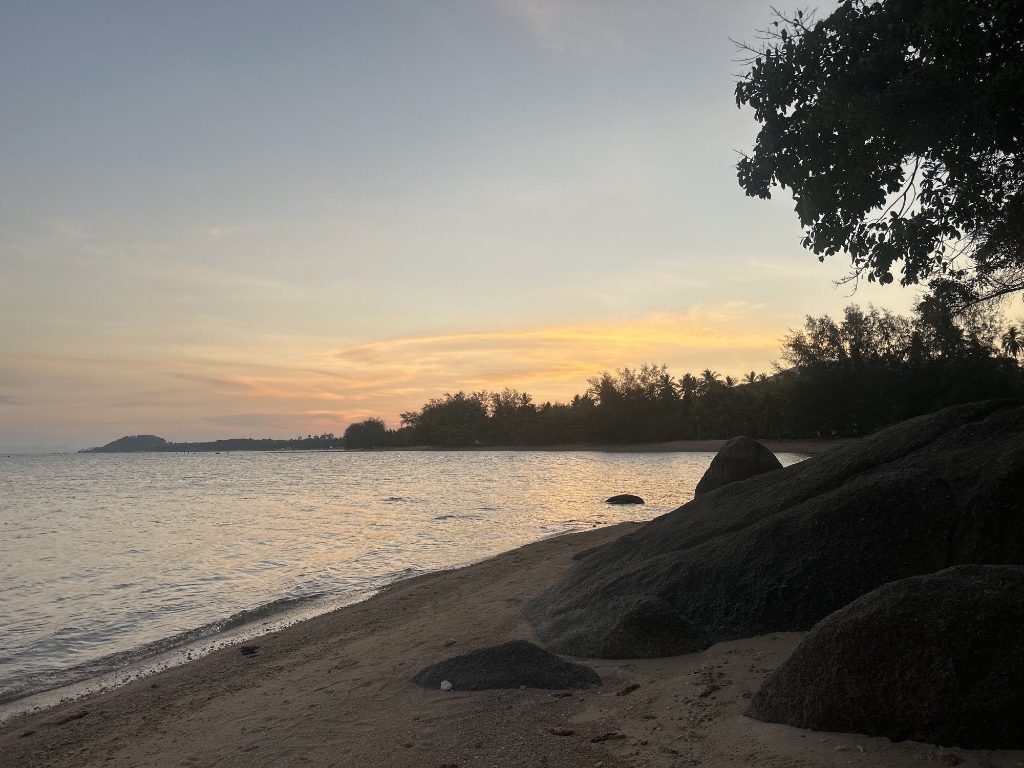 The image displays a serene coastal landscape at what appears to be sunset or dusk, located at Baan Harn, Thailand. The sky transitions from a soft, clear blue-grey overhead to warm gradients of peach and golden orange closer to the horizon, with only a few faint clouds.
The calm sea gently meets a sandy shoreline, with small ripples visible where the water washes ashore. The water's surface subtly reflects the soft colors of the fading light. Dominating the right foreground are several large, dark, igneous-looking rocks, creating a dramatic contrast against the lighter tones of the water and sky. Another smaller dark rock is partially submerged further out in the bay.
Along the distant horizon, a dense line of tropical vegetation, featuring numerous trees including what appear to be palm trees, forms a dark silhouette against the brighter sky. A substantial, dark tree branch with dense foliage extends into the frame from the top right, adding depth to the composition. In the far distance to the left, a low-lying island or headland is visible across the expansive water.
No people are present, and no specific activities are taking place, lending the scene a tranquil and untouched natural beauty. The light quality indicates a peaceful end to the day, with the scene bathed in warm, diffused light. There is no visible text.