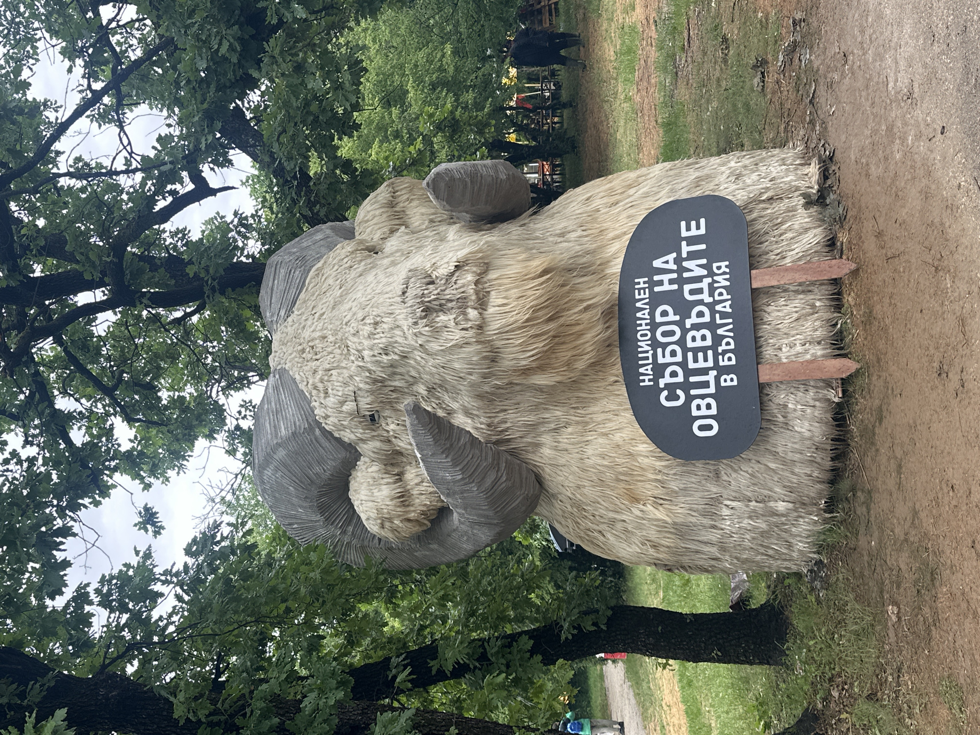 A life-size ram statue sits in an outdoor park, presumably the city of Lyaskovets, Bulgaria. The ram statue is fabricated of grey and beige materials, with large curved horns. A dark sign with white text in Cyrillic script is attached to the right side of the statue. In the background, trees and a walking path are visible. Some people can be seen in the distance.
