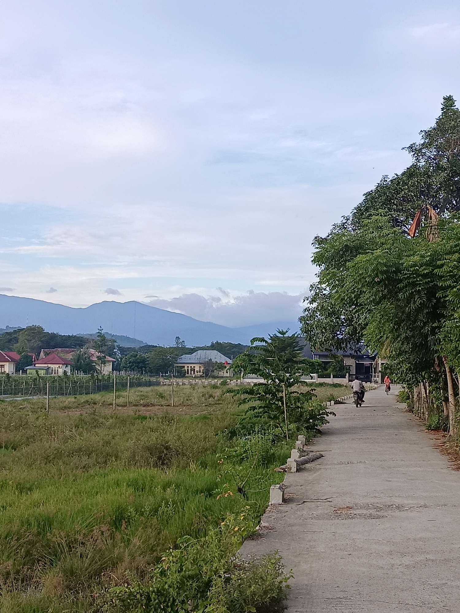 The image depicts a paved road running through a rural or suburban area with houses visible in the distance. On the left side of the road, there is a field of tall, green grass and vegetation, with some wooden fence posts. Several houses with red and grey roofs are nestled among trees on the left side of the frame, with a hazy mountain range forming the backdrop. On the right side of the road, a line of trees creates a verdant canopy. Two people are on the road: one person is riding a motorcycle in the foreground, and another person is riding a bicycle further up the road. The sky is cloudy and light blue. The scene suggests a peaceful, possibly early morning or late afternoon setting in Meunasah Raya, Indonesia.