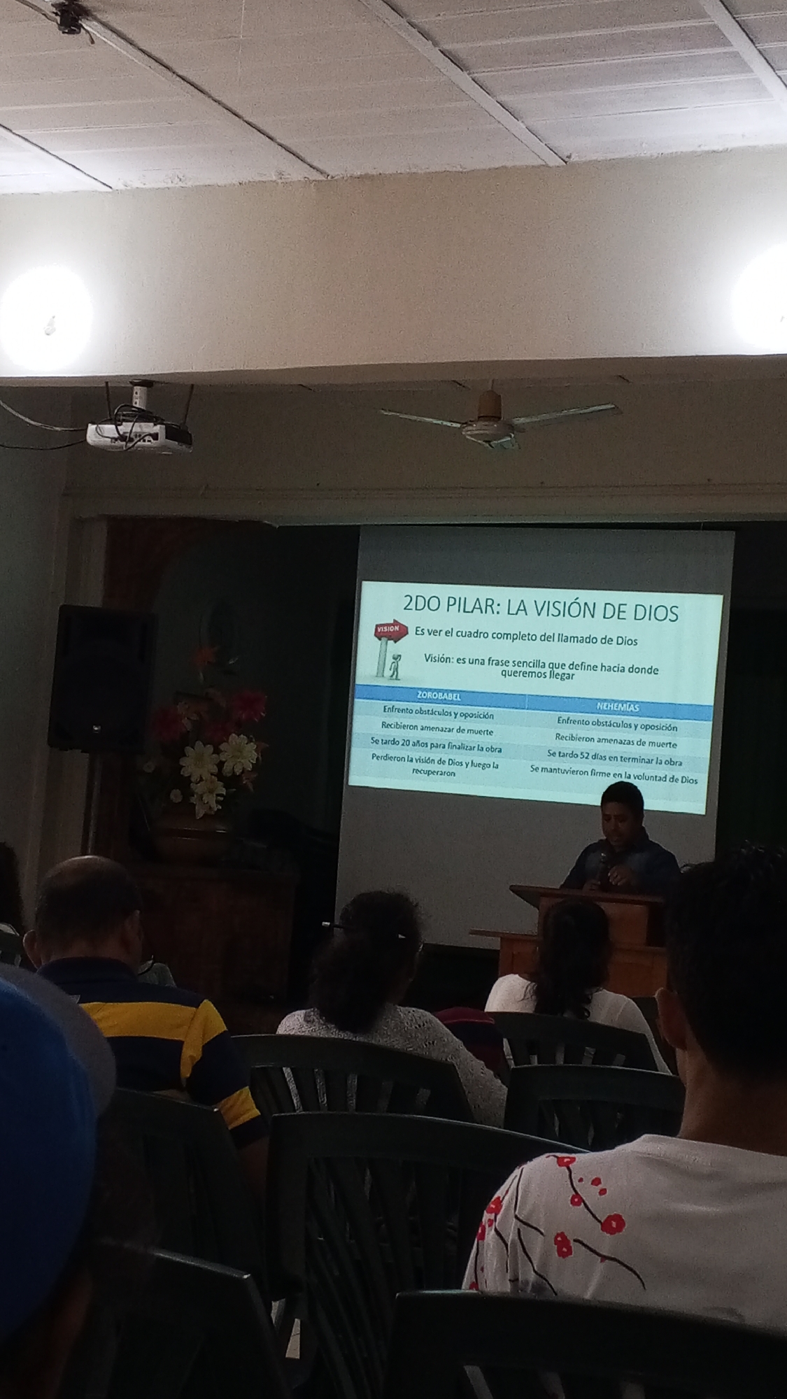 The image depicts an indoor scene, likely a church or meeting hall. A projector displays a slide titled "2DO PILAR: LA VISIÓN DE DIOS" (2nd Pillar: The Vision of God), which elaborates on the concept of vision and references Zorobabel and Nehemiah. A man is standing at a wooden podium, presumably giving a lecture or presentation. Several people are seated in rows of chairs, facing the podium and screen. The room is lit by overhead lights and a ceiling fan is visible.
